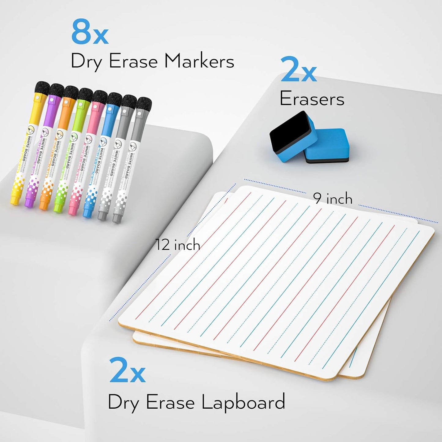 Hot Nicpro Dry Erase Lap Board 9 x 12 inches 2 Pack Ruled Kid Double Sided Blank & Lined Small Lapboard with 8 Pens, 2 Eraser, Learning Mini Whiteboard Portable for Student and Classroom Use