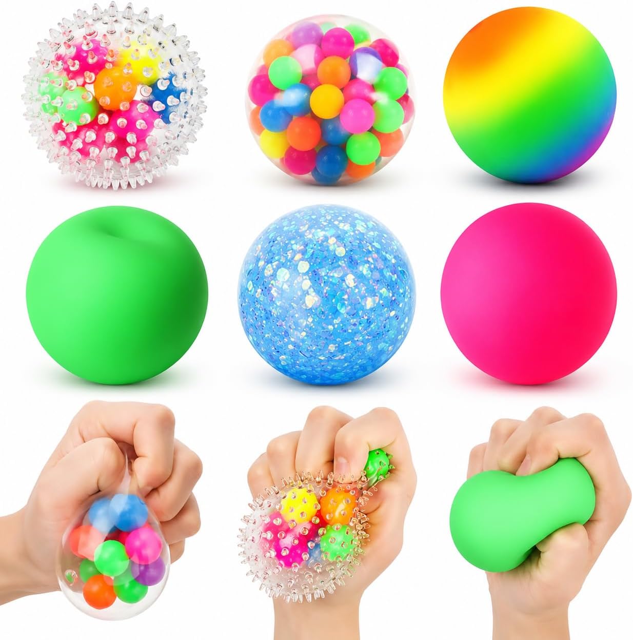 Hot6 Set Squishy Sensory Stress Squeezing Balls for Adults | Sensory Calming Tool to Relieve Nervousness, Vent Mood and Improve Focus, Pull Stretch Fidget for Classroom Prize Box Toys