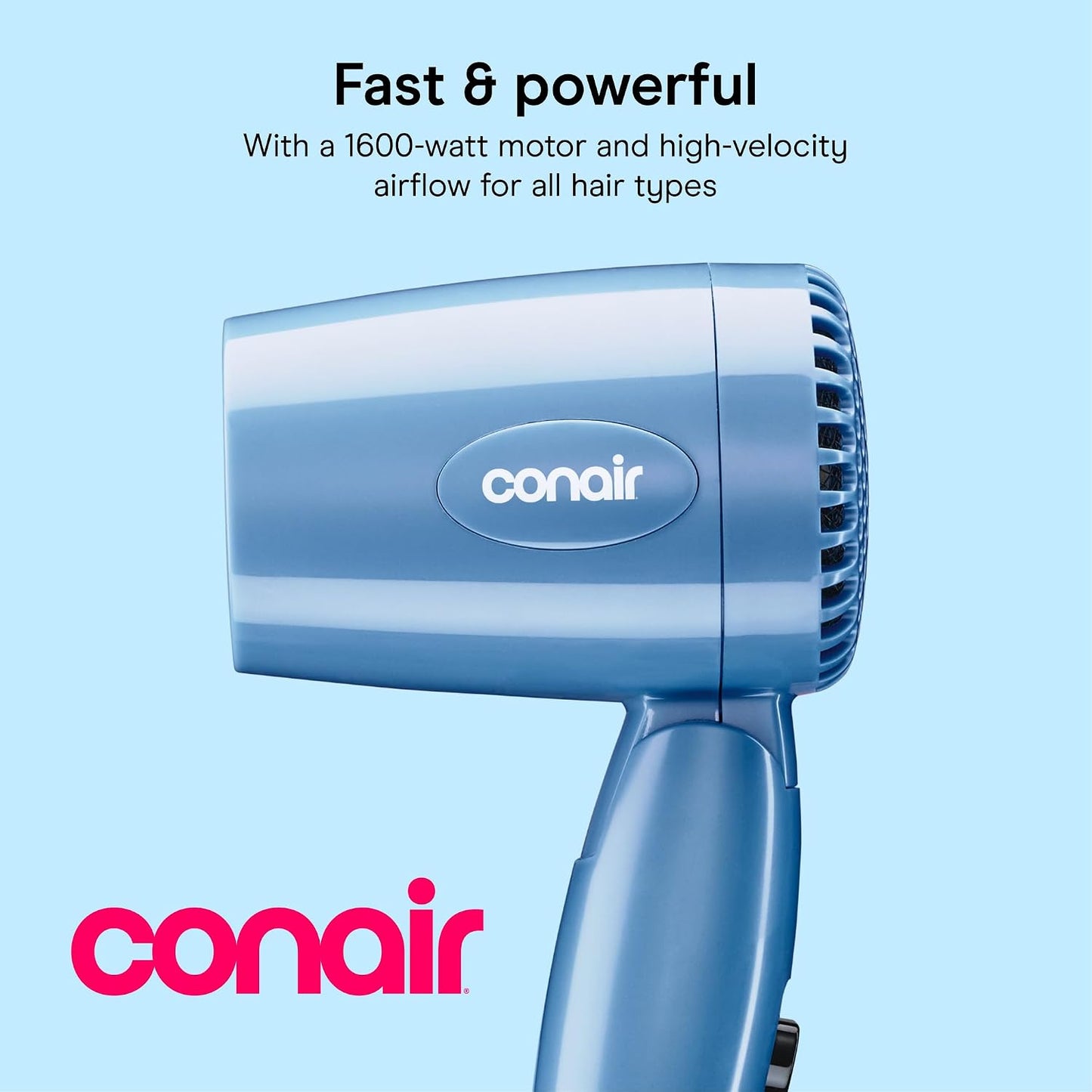 HotConair Dual Voltage Hair Dryer, Compact Folding Handle Design, 1600W | Travel blow dryer for on-the-go styling with foldable 0.75-lb design, high-velocity airflow, and various heat/speed settings