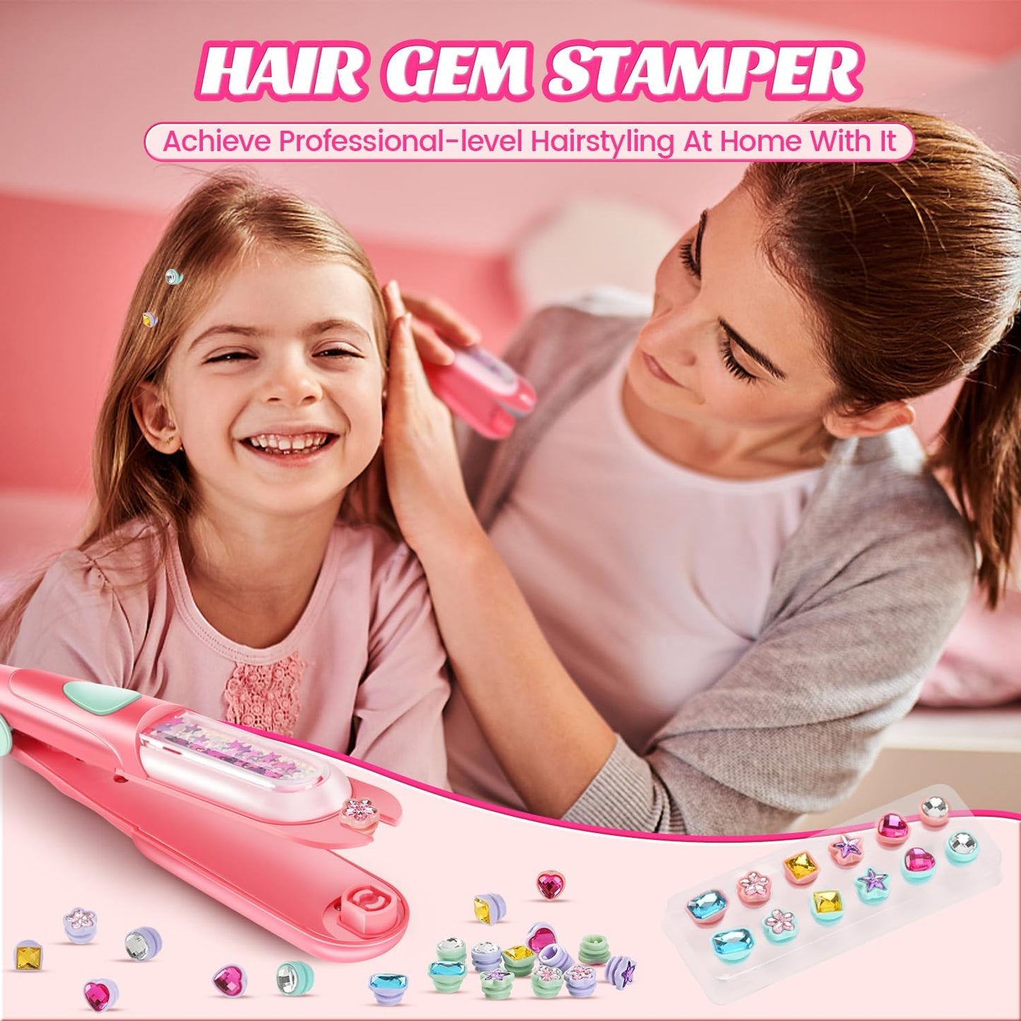 Hotkidzkube Hair Gem Stamper Kit, Bling Hair Jewels for Girls Toys, Hair Styling Tool with Reusable Shining Diamonds, Birthday Gifts Toys for Girls Ages 3 4 5 6 8-12