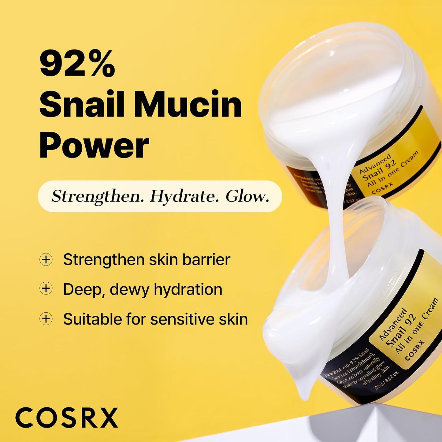 HotCOSRX Snail Mucin 92% Face Moisturizer, 3.52 Oz, Lightweight Moisturing Cream for Soft, Glowy Skin, Korean Skin Care, Korean Moisturizer Face Cream