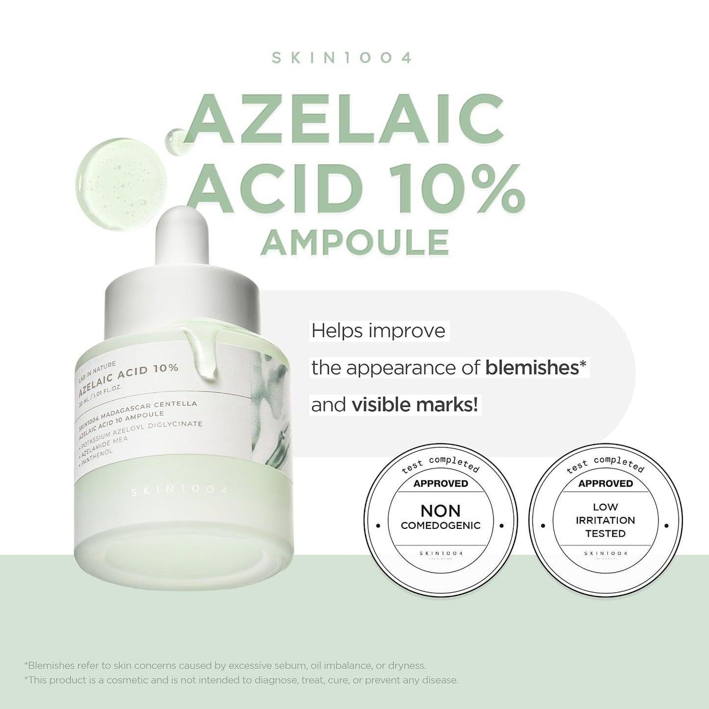 HotSKIN1004 Azelaic Acid 10% Ampoule, Hydrating Face Serum for Blemish-Prone & Irritated Skin, Soothing Care for Visible Marks with Centella, Niacinamide-Free, Korean Skin Care, 1.01 fl.oz / 30ml