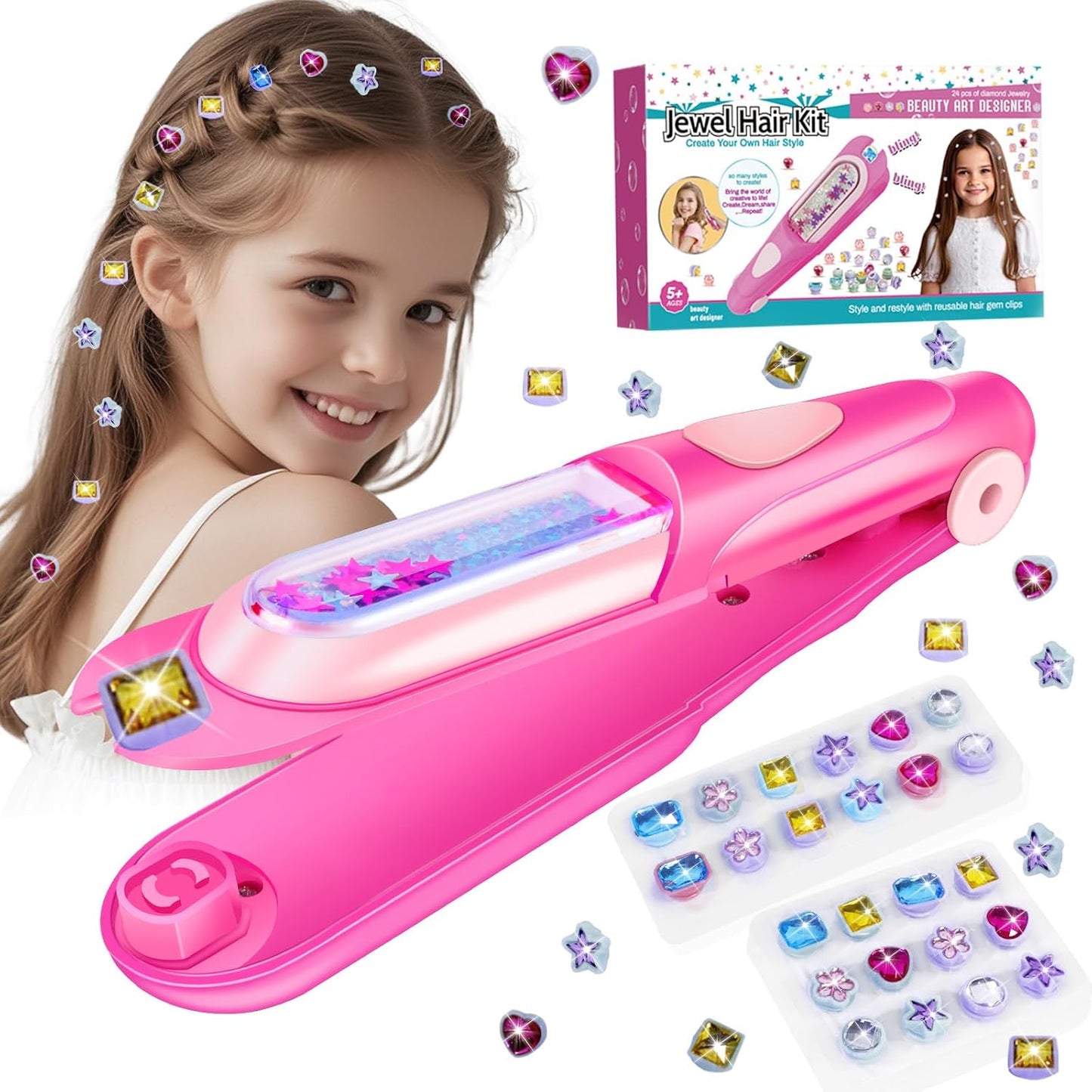 Hotkidzkube Hair Gem Stamper Kit, Bling Hair Jewels for Girls Toys, Hair Styling Tool with Reusable Shining Diamonds, Birthday Gifts Toys for Girls Ages 3 4 5 6 8-12 (Pink)