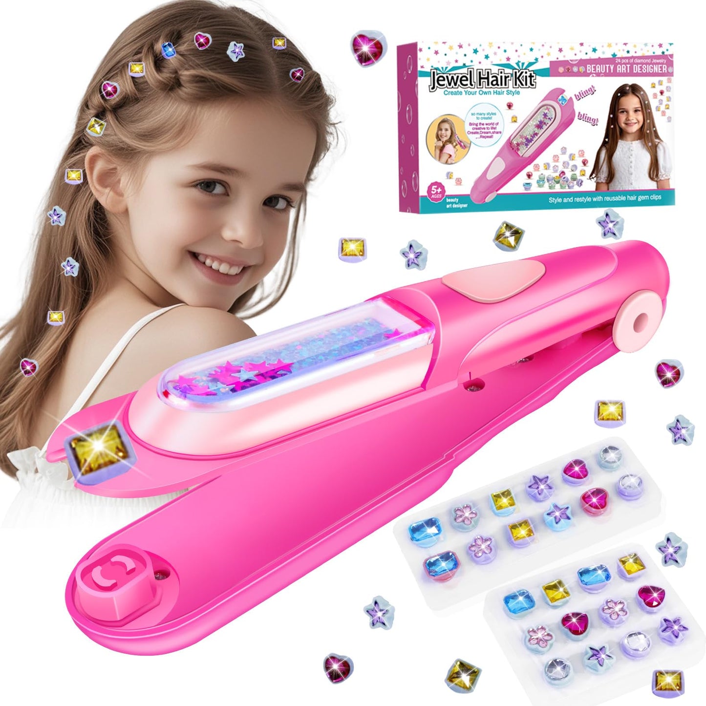 Hotkidzkube Hair Gem Stamper Kit, Bling Hair Jewels for Girls Toys, Hair Styling Tool with Reusable Shining Diamonds, Birthday Gifts Toys for Girls Ages 3 4 5 6 8-12