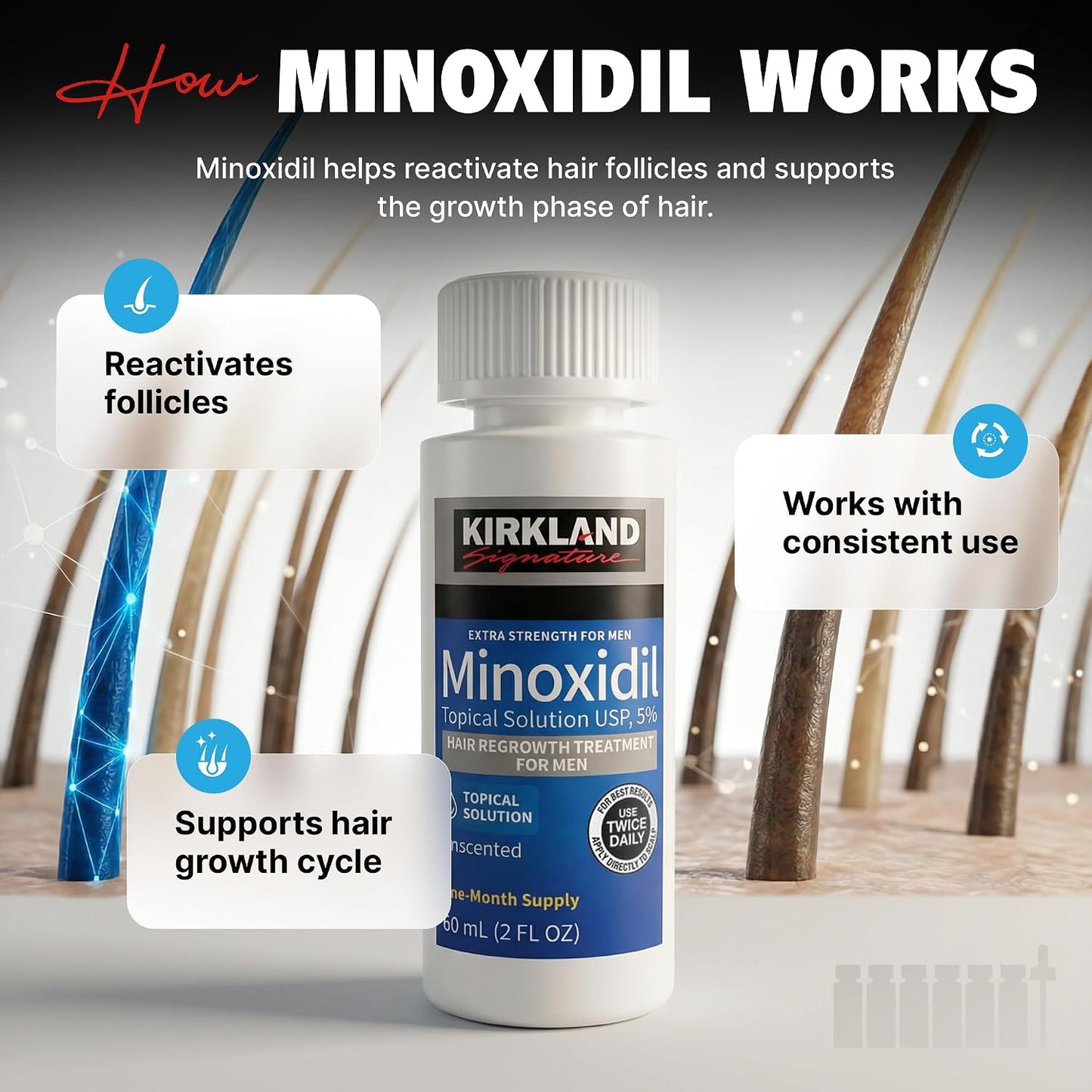 HotKirkland Minoxidil for Men Liquid, Extra Strength Hair Regrowth Treatment 5%, 6 Months Supply - Upgraded Dropper Applicator and Bonus Free Guide Included