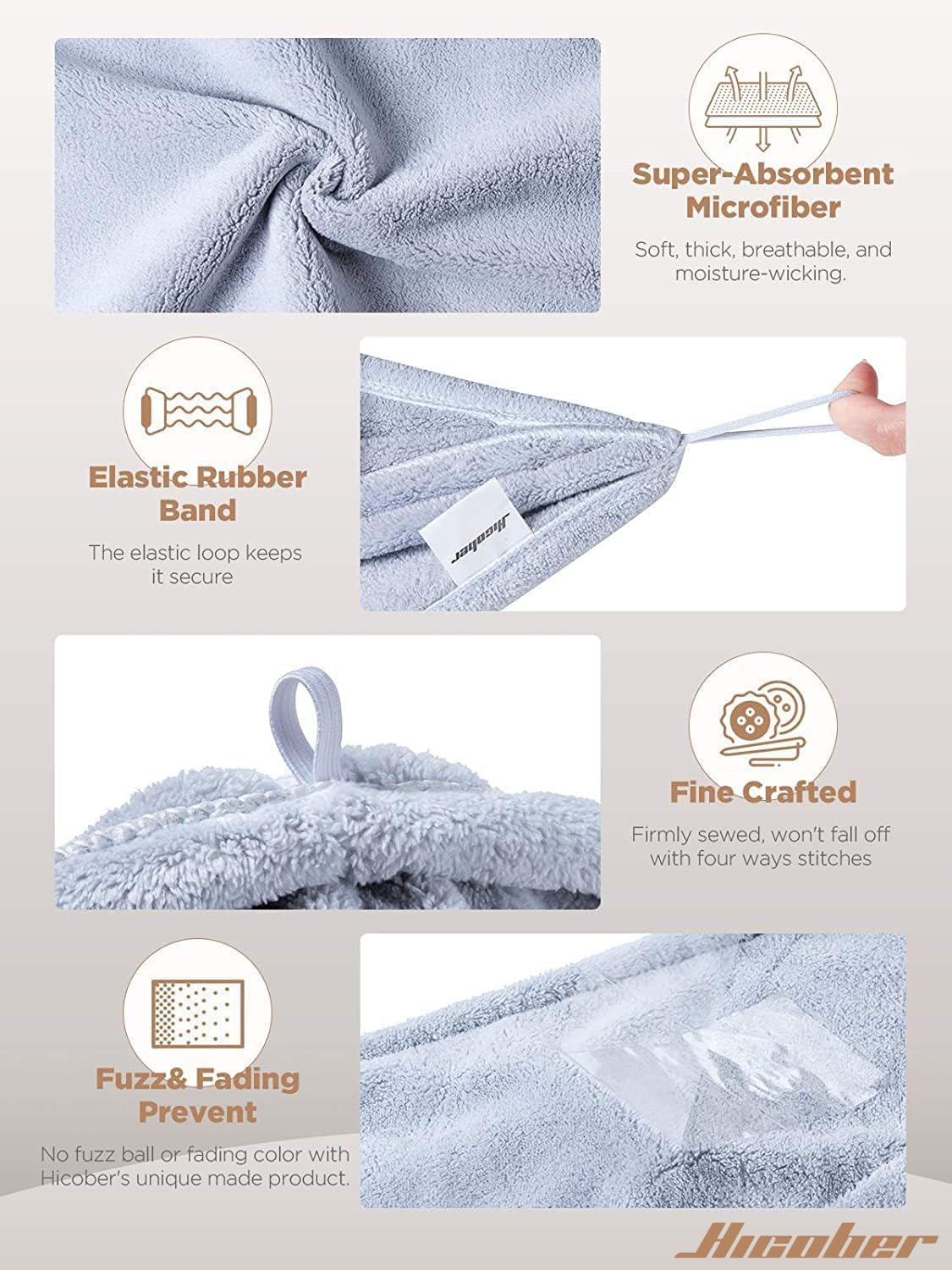HotHicober Microfiber Hair Towel Wrap, Fast Drying Hair Towels for Women, Soft Lightweight Quick Dry Turban for Curly & Long Hair–3 Pack(Blue/Grey/Pink)