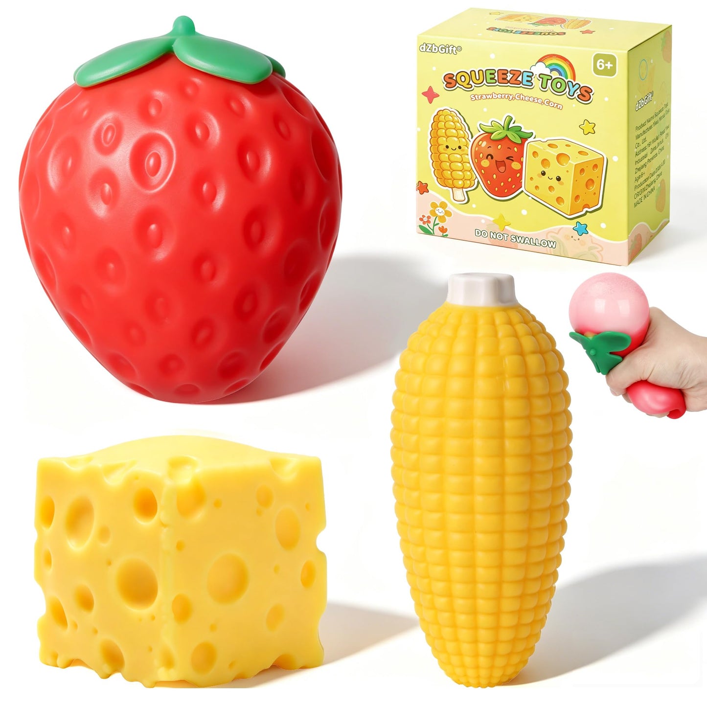 Hot 3pcs Fruit Squishy- Cheese Squishy,Strawberry Corn Squishy,Squeeze Toys,Fruit squishies for Stress Relief,Gift for Boys Girls Adults