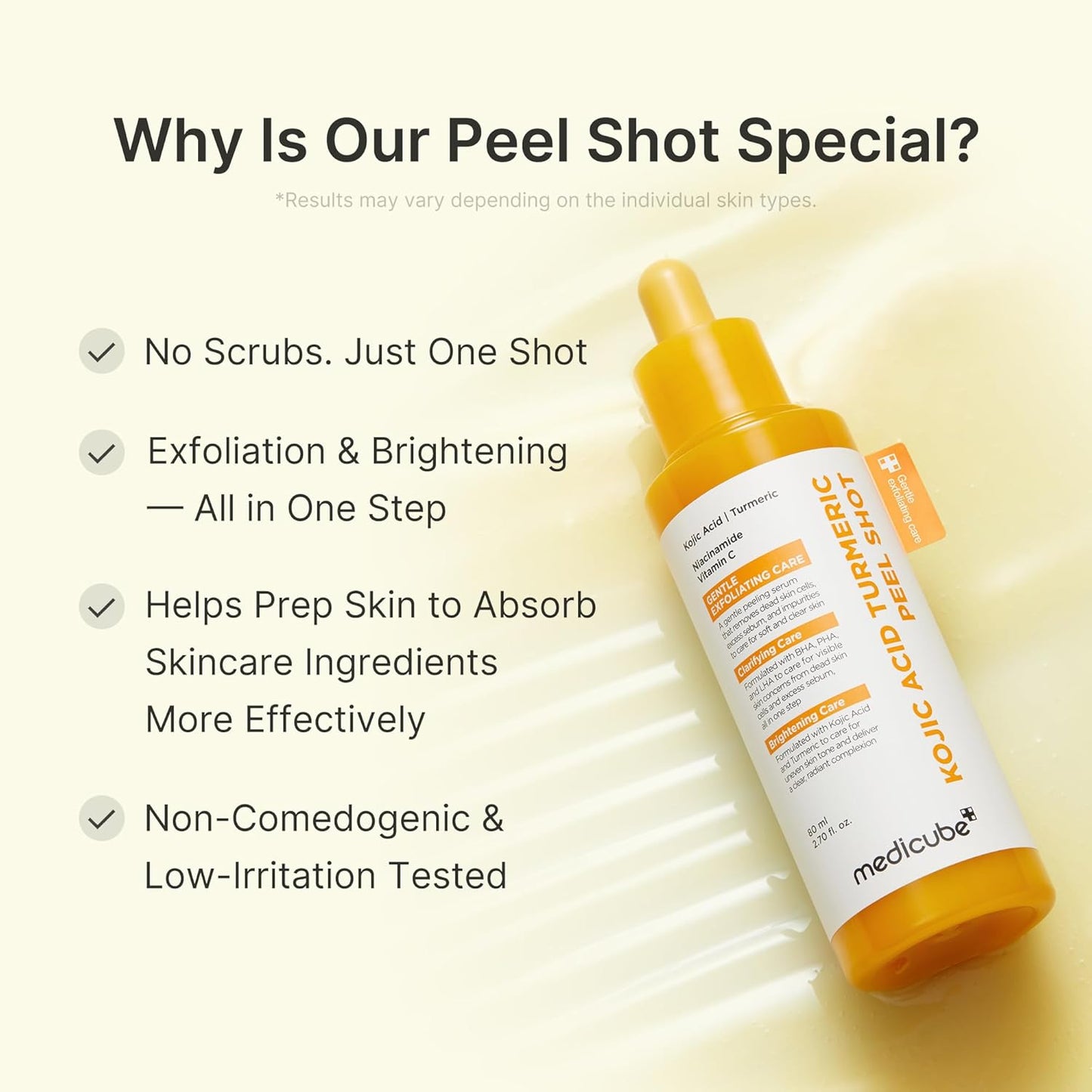 Hotmedicube Peel Shot with Kojic Acid Turmeric | Reset in One Step | Gentle Exfoliating Serum with BHA, LHA, PHA for Dead Skin Cells, Blackheads, Excess Sebum | For Dull, Rough, Troubled Skin | 2.7 fl.oz