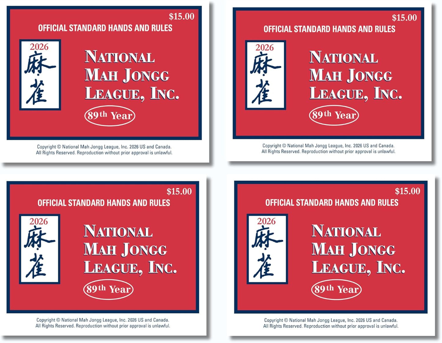 HotNational Mah Jongg League 2026 Mahjong Large Size Cards Four-Pack Bundle - Official Hands and Rules for American Mahjong (Four Large-Size Cards)