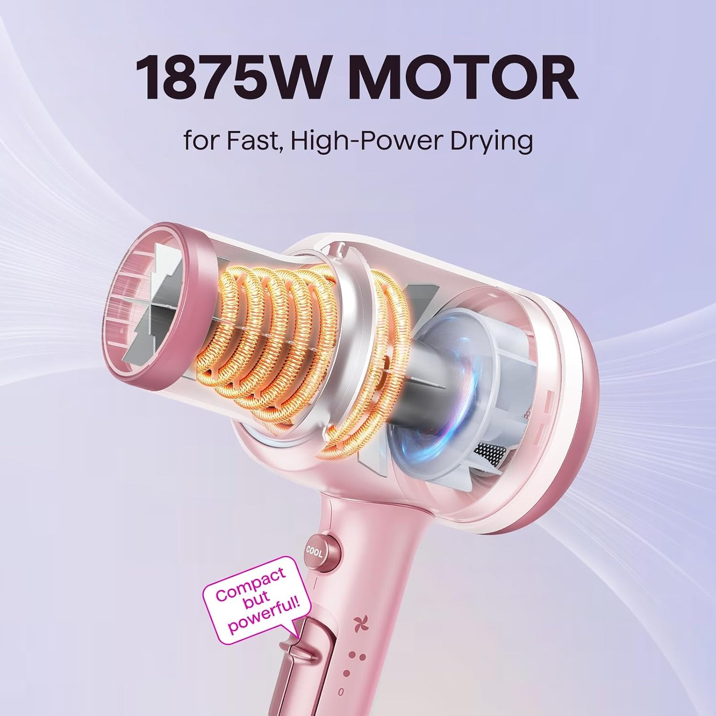 HotWavytalk Blown Away Ionic Hair Dryer with Diffuser for Curly Hair | 1875W Fast Drying, 3 Attachments for All Hair Types, Ceramic Healthy Shine, Lightweight & Quiet (Pink)