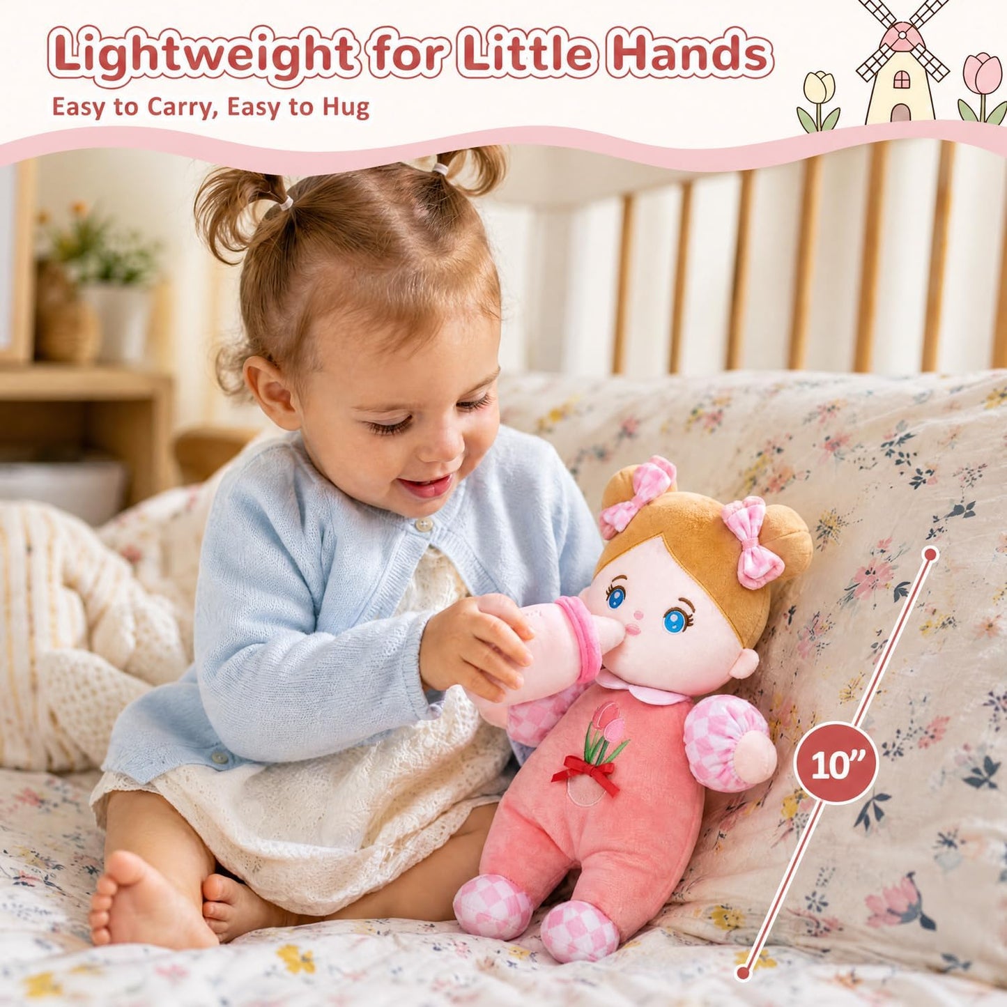 Hot OUOZZZ Soft Plush Baby Doll 10" Tulip Pink Snuggle Buddy | First Birthday Toys for 1 Year Old Girl, Ideal 1 Year Old Girl Gifts & Baby Girl Gifts, Cuddly Toy for Infants & Toddlers