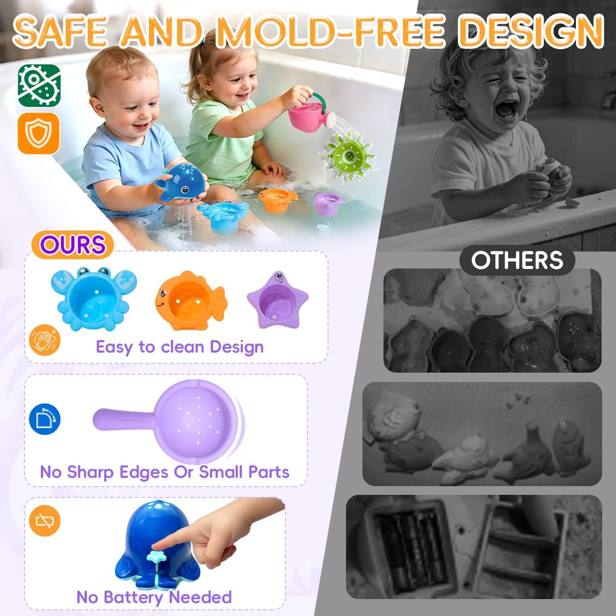 Hot Mold Free Bath Toys | Easy Clean & Fun Baby Bath Toys for Kids Ages 1-3 | Watering Can Bath Cups Water Wheel Whale Bath Toy for Babies 12+ Months | Bathtub Pool Water Toys for 1+ Year Old Girl Gifts