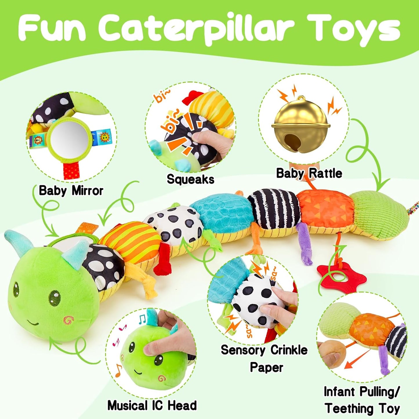 HotTopsochir Baby Sensory Toys 0-6 Months Music Animal Stuffed Plush Caterpillar Toy for Infant 0-3-6-12 Month Old Tummy Time with Mirror Crinkle Rattle Toys for Newborn Boys Girls Shower Birthday Gifts