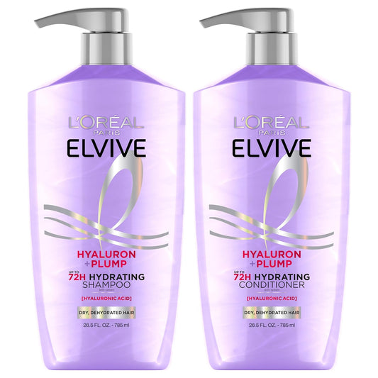 HotL'Oreal Paris Elvive Hyaluron Plump Shampoo and Conditioner Set for Dry, Dehydrated Hair, 72H Hydrating Hair Care, Infused with Hyaluronic Acid Complex, 53 Fl Oz Set