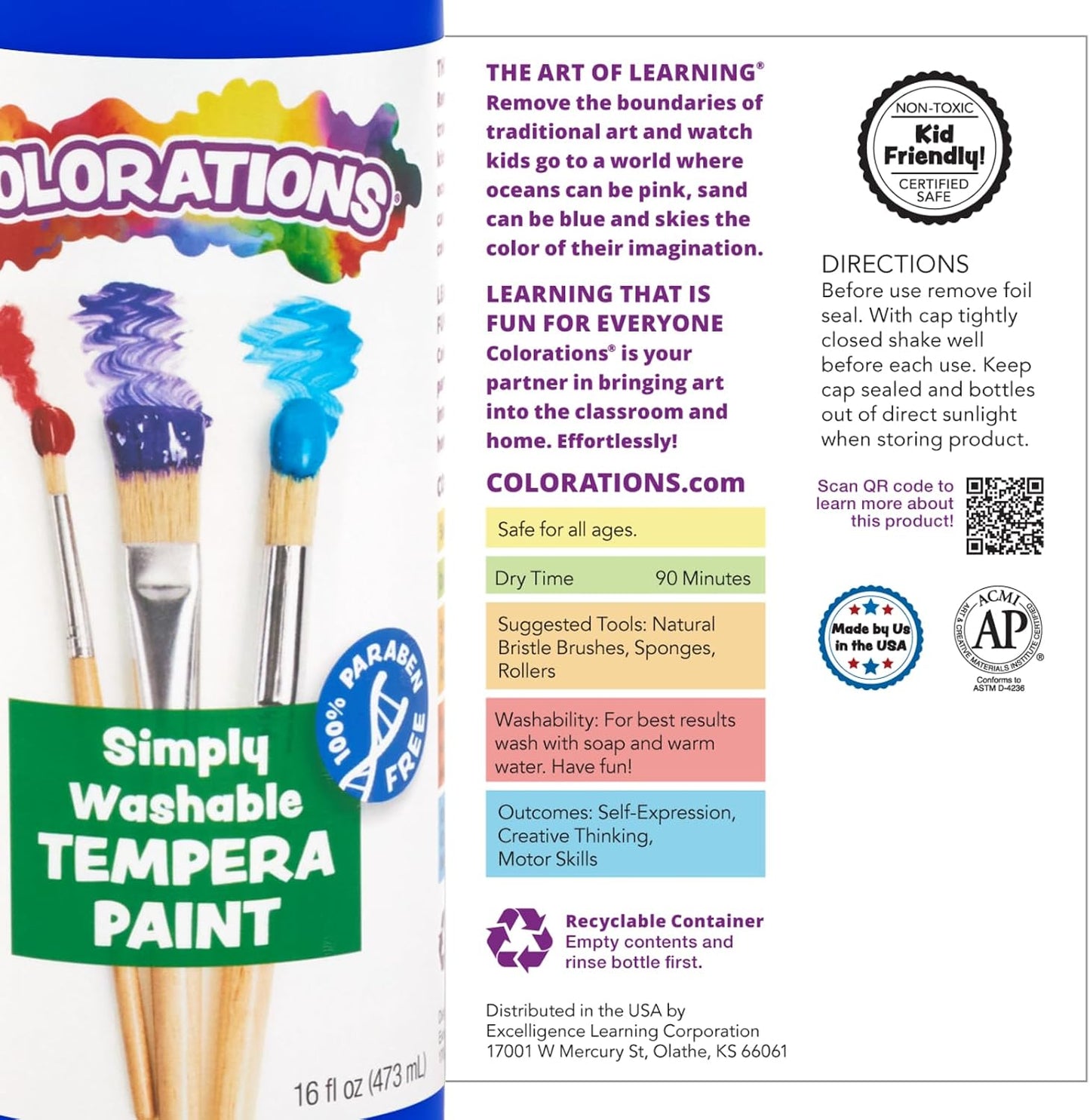 Hot Colorations Paraben-Free Simply Washable Tempera Paint, Rainbow Plus 8-Pack | Matte Finish, Vibrant Colors, Non-Toxic, Classroom Supplies, School & Craft Art Supply Set, 16 oz Each