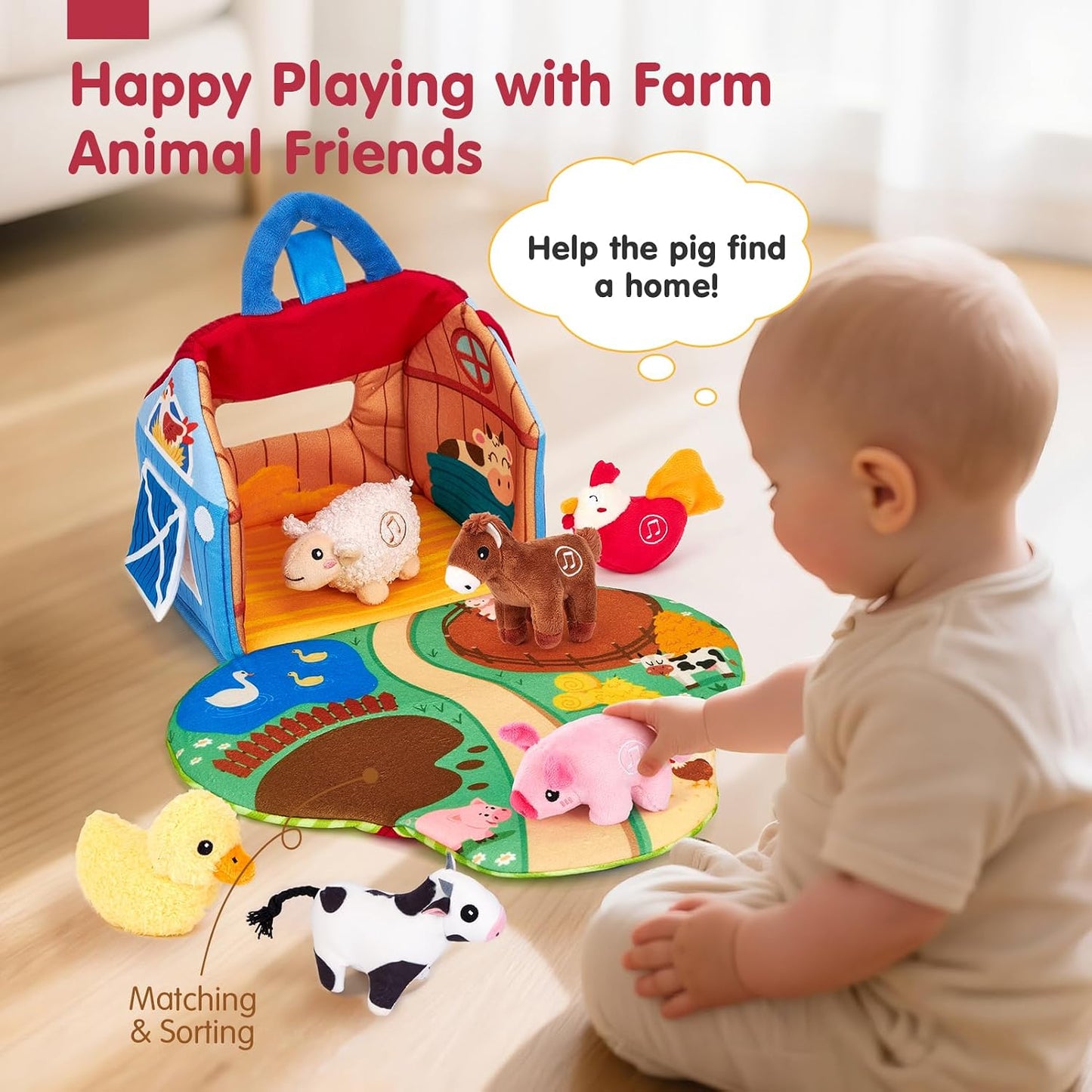 Hothahaland Baby Toys 6-12 Months - Surprise Barn with Stuffed Farm Animals with Real Sounds - Montessori Toys for 6 Month Old Baby Gifts Toddlers Sensory Toy 1 Year Old Boy Girl Gifts Infant Toys