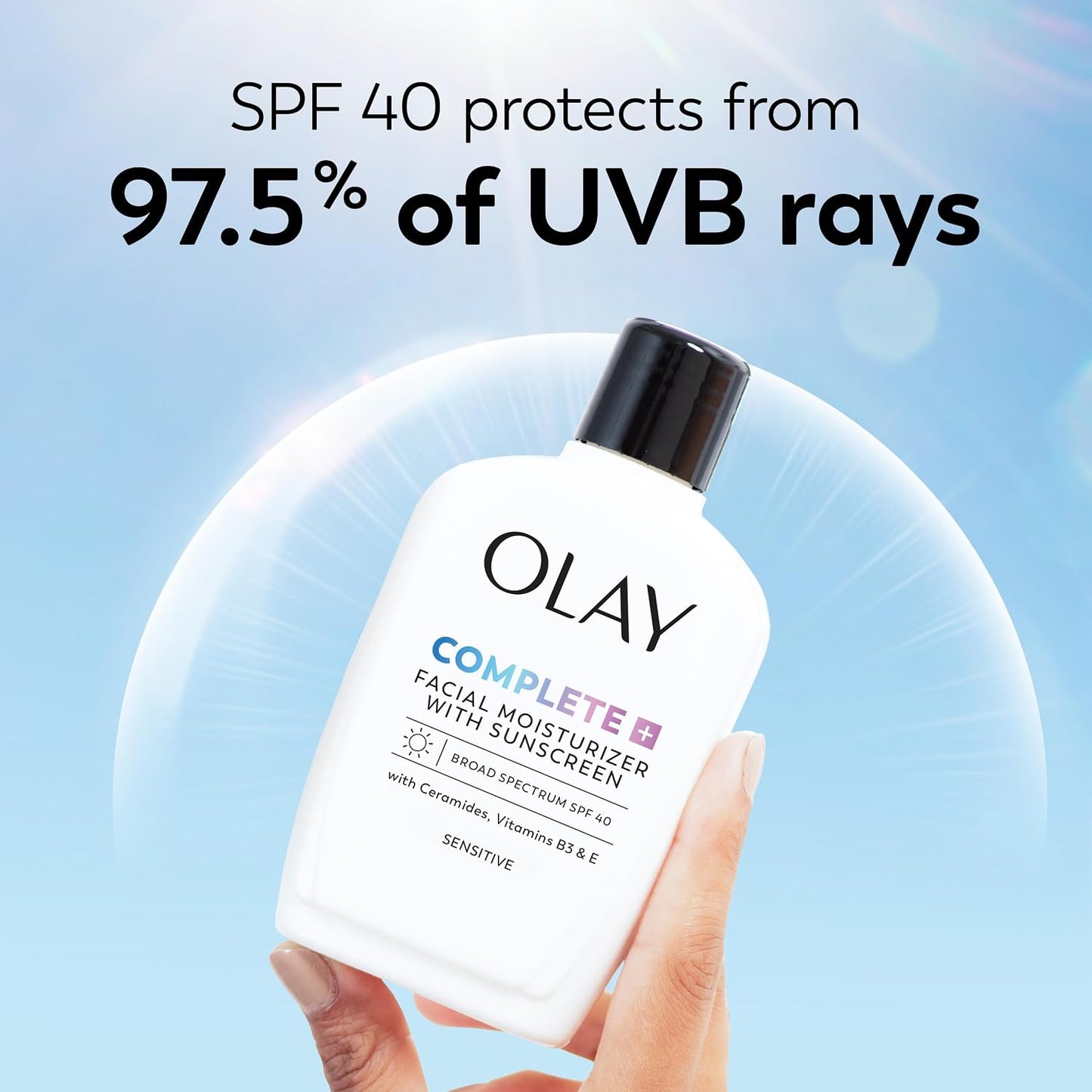 HotOlay Complete+ Face Moisturizer with Sunscreen SPF 40, For Sensitive Skin, Broad Spectrum Sun Protection, Fragrence-Free - No White Cast on All Tones, Nourishes Moisture Barrier - Ceramides, 6 Oz