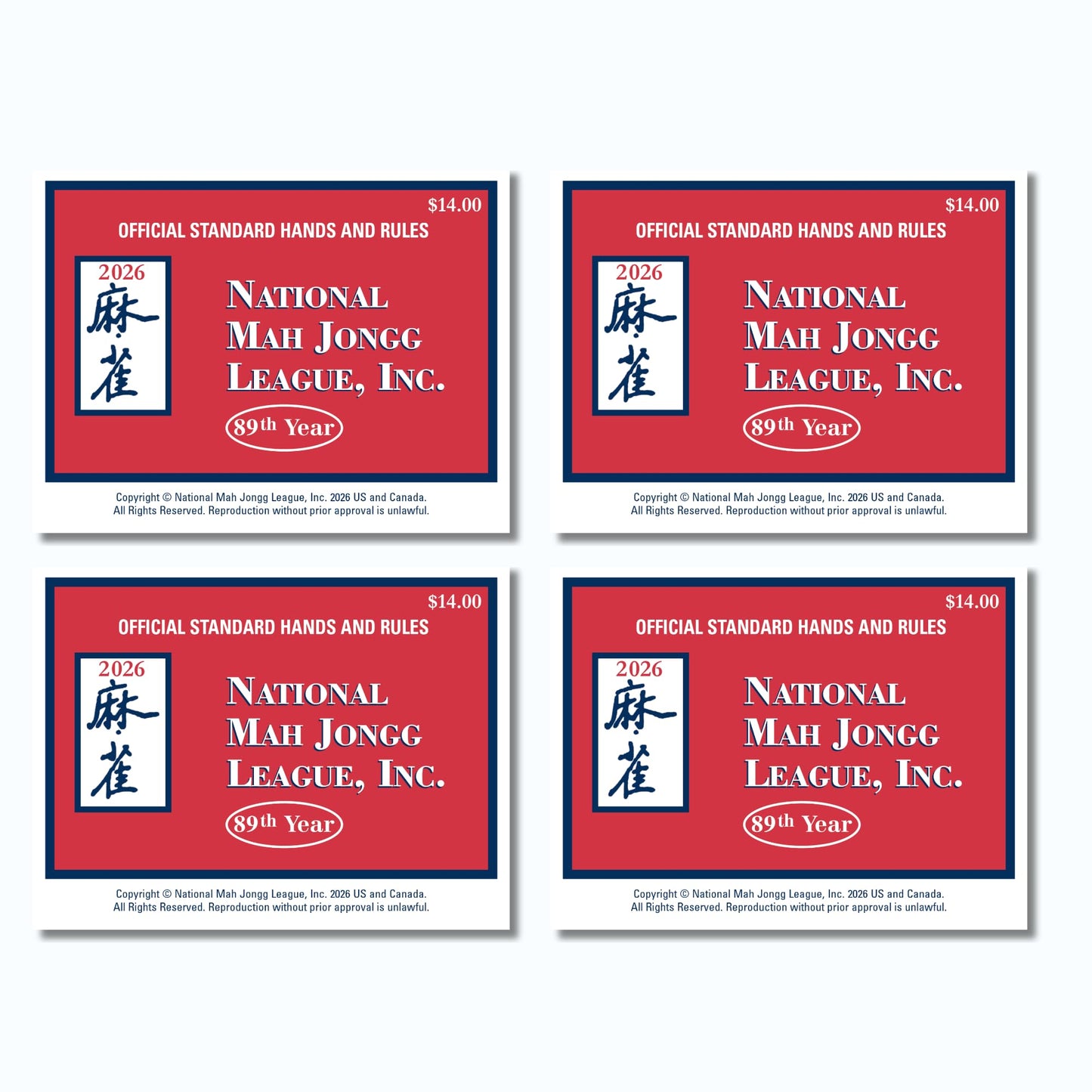 HotNational Mah Jongg League 2026 Mahjong Large Size Cards Four-Pack Bundle - Official Hands and Rules for American Mahjong (Four Large-Size Cards)