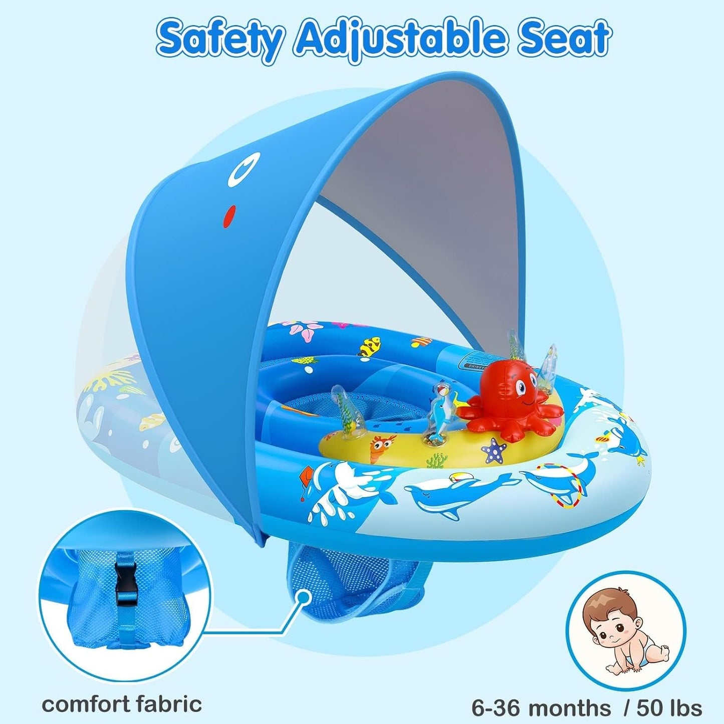 HotEZIGO Baby Pool Float with Canopy UPF50+ Sun Protection, Inflatable Kids Pool Floats with Ocean Animal Toys for Baby 6-36 Months, Infant Swimming Float with Adjustable Safety Seat for Boys Girls