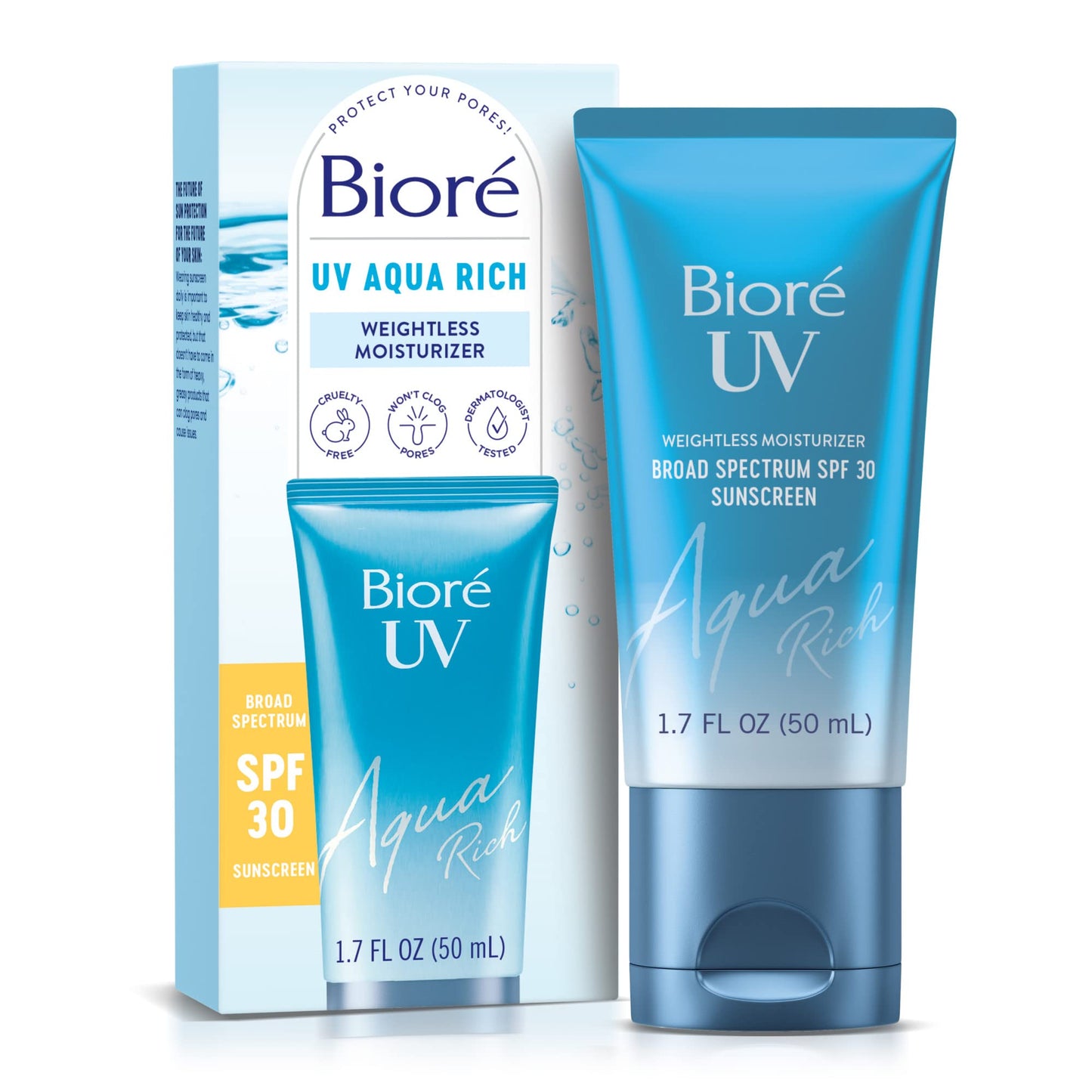 HotBiore UV Aqua Rich Moisturizer SPF 50 Facial Sunscreen, 1.7 fl oz | Oil-Free Daily Face Sunscreen, Hyaluronic Acid, Lightweight, Non-Comedogenic, Dermatologist Tested, Sensitive Skin