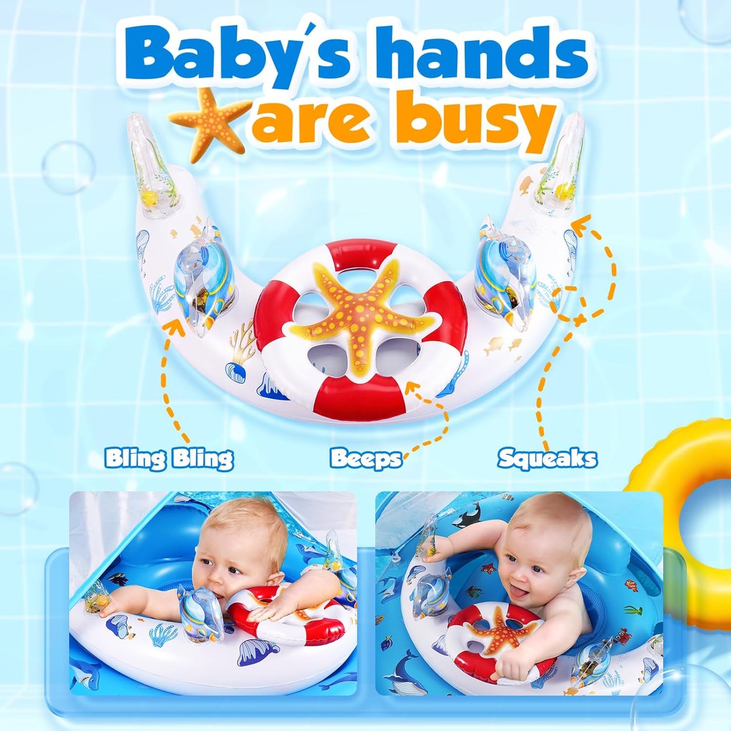 HotBaby Pool Float with Canopy UPF50+ Sun Protection, Inflatable Kids Pool Floats with Toy Play Console for Baby 6-36 Months, Infant Swimming Float with Adjustable Safety Seat for Boys Girls