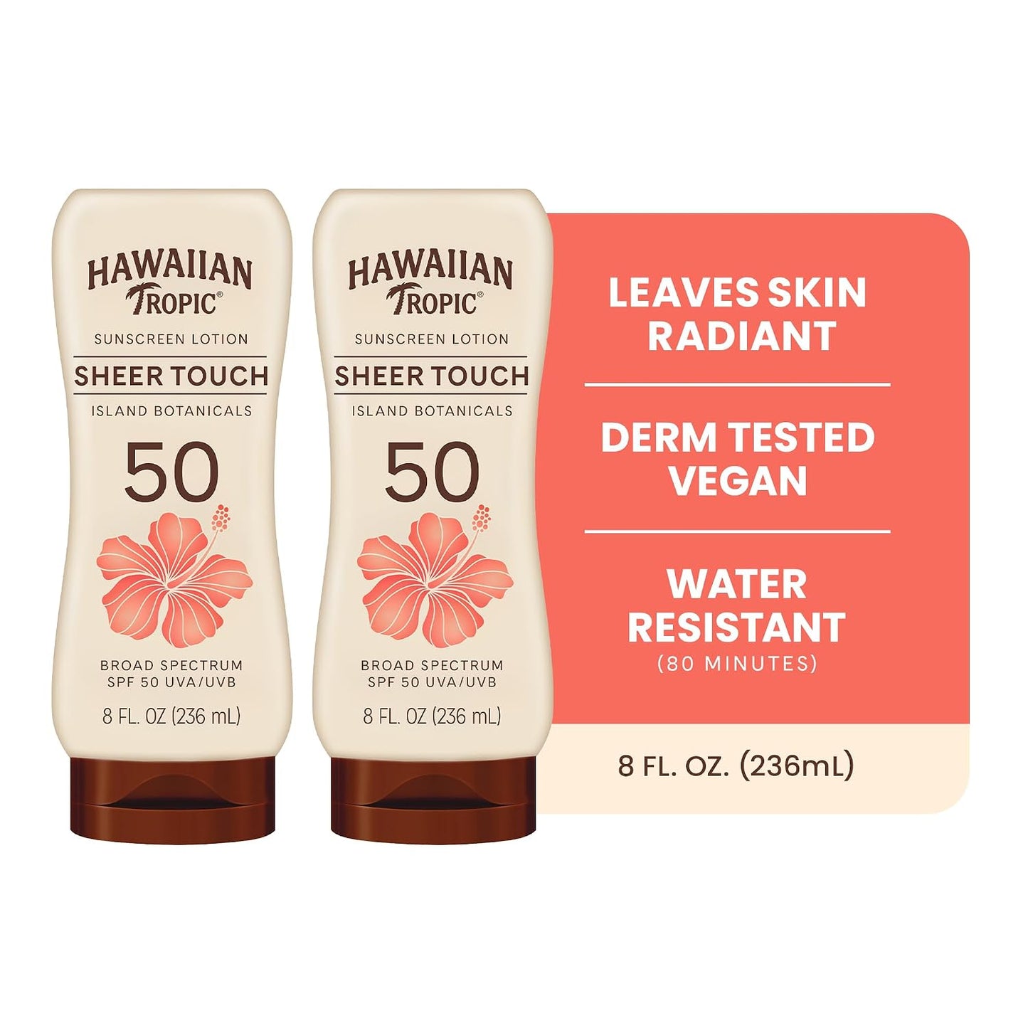 HotHawaiian Tropic Sheer Touch Ultra Radiance Lotion Sunscreen SPF 50, 8 Fl Oz Twin Pack, Hawaiian Tropic Sunscreen SPF 50, Sunblock, Oxybenzone Free Sunscreen, Body Sunscreen Pack, 8 Fl Oz each