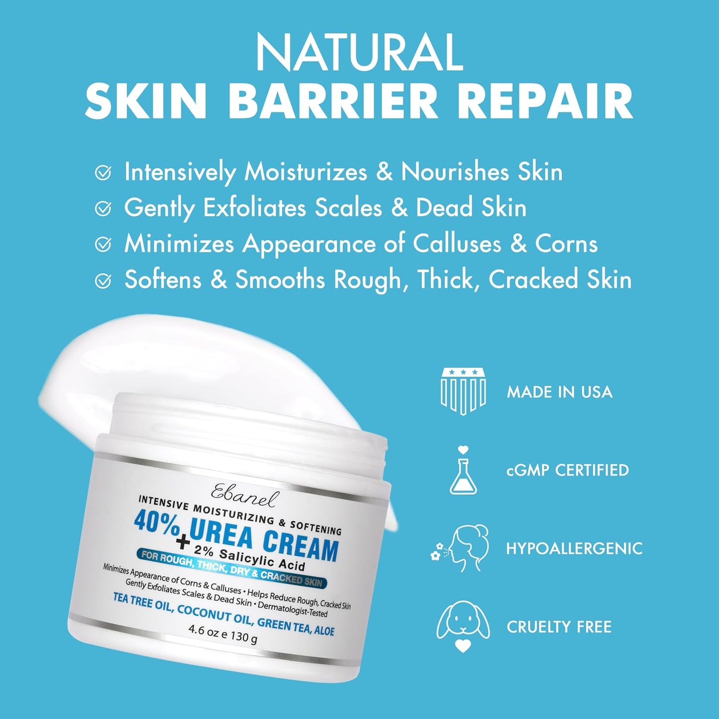 HotEbanel Urea Cream 40% plus Salicylic Acid 2% for Dry Cracked Feet Skin | Deeply Moisturizes & Softens Dry Cracked Heels, Feet, Knees, Elbows, Hands, Rough Dead Skin Callus Remover Toenail Softener