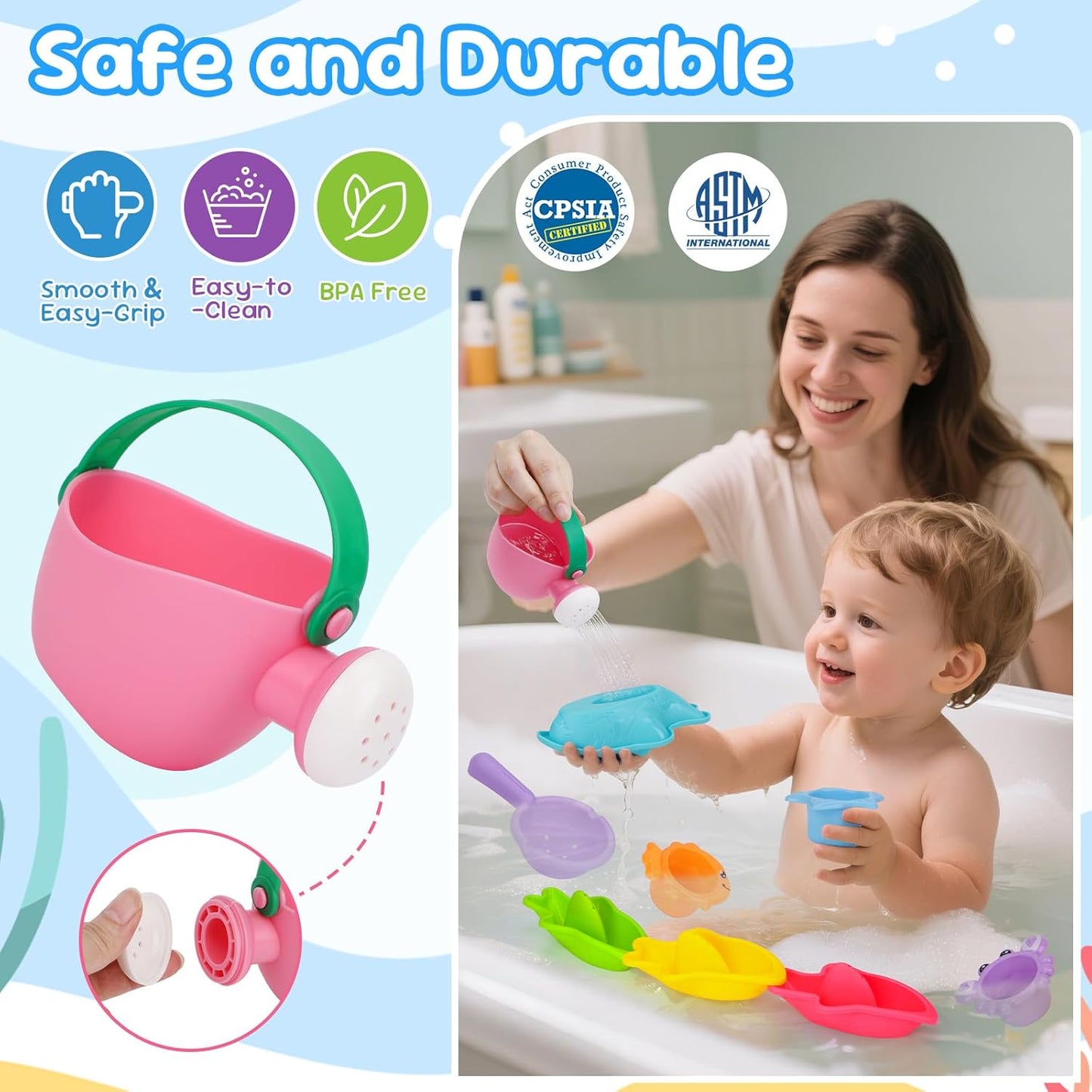 HotFajiabao Toddler Bath Toys for Kids Ages 1-3 Multi-Play in Tub Water Pool | Learning Mold Free Bath Toys with Color Stacking Cups & Watering Can Interactive Shower Toys for 1 2 3 4 5 6 Birthday Gifts