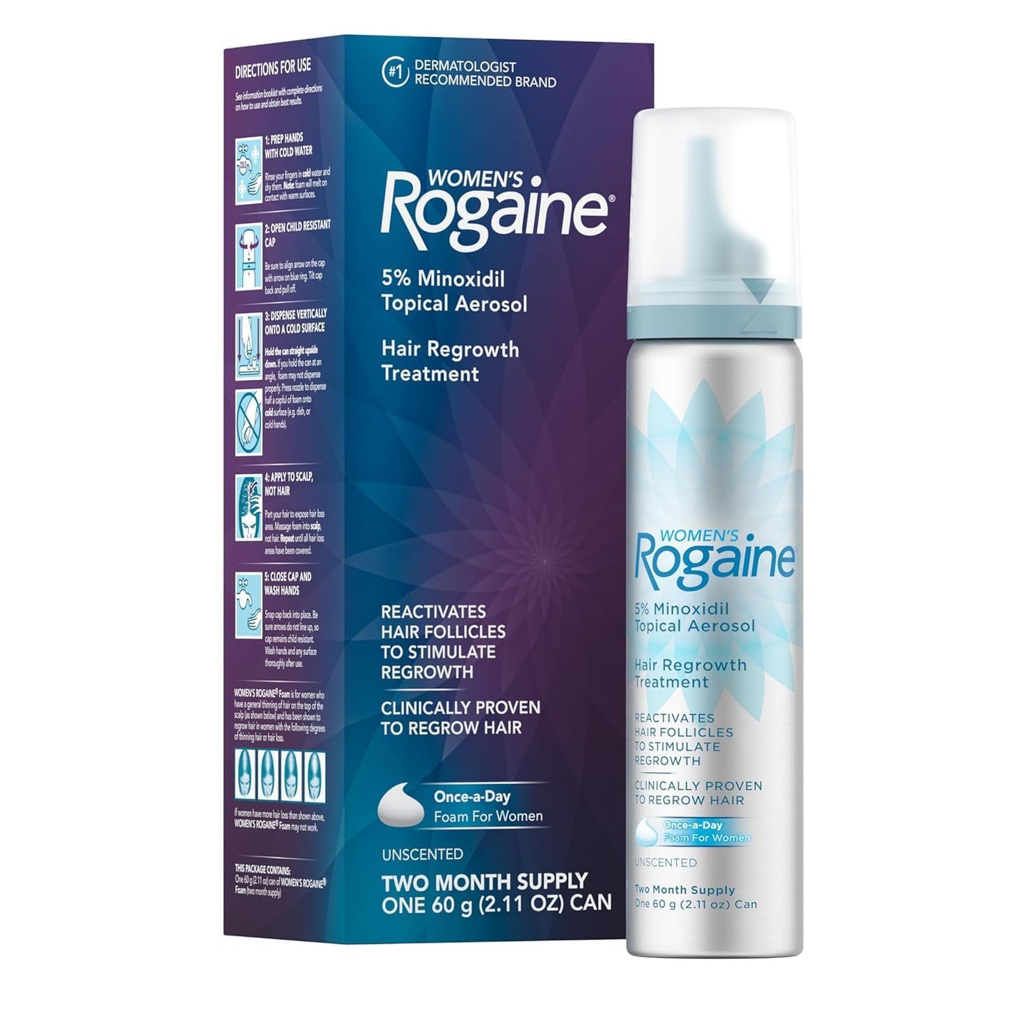HotRogaine 5% Minoxidil Foam, Topical Once-A-Day Hair Loss Treatment for Women to Regrow Fuller, Thicker Hair, Unscented, 2-Month Supply, 2.11 oz