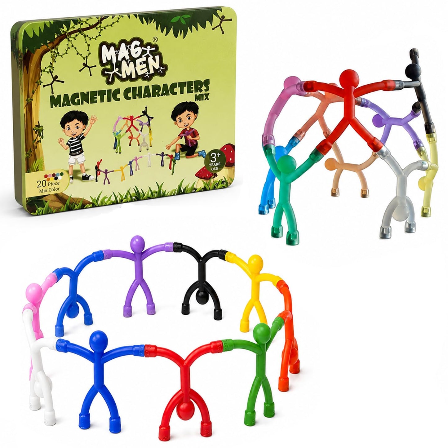 HotMAGMEN 10-Piece Magnetic Fidget Figures with Storage Tin - Opaque-Color Magnetic Character Figures for Kids & Adults - Quiet Airplane & Road Trip Travel Toy - Screen-Free Sensory Desk Toy