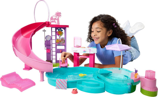Hot Barbie Dream Pool Playset with 6 Play Areas, Including Slide & Bubbling Hot Tub, Plus 20+ Accessories Like Pet, Floaties & More
