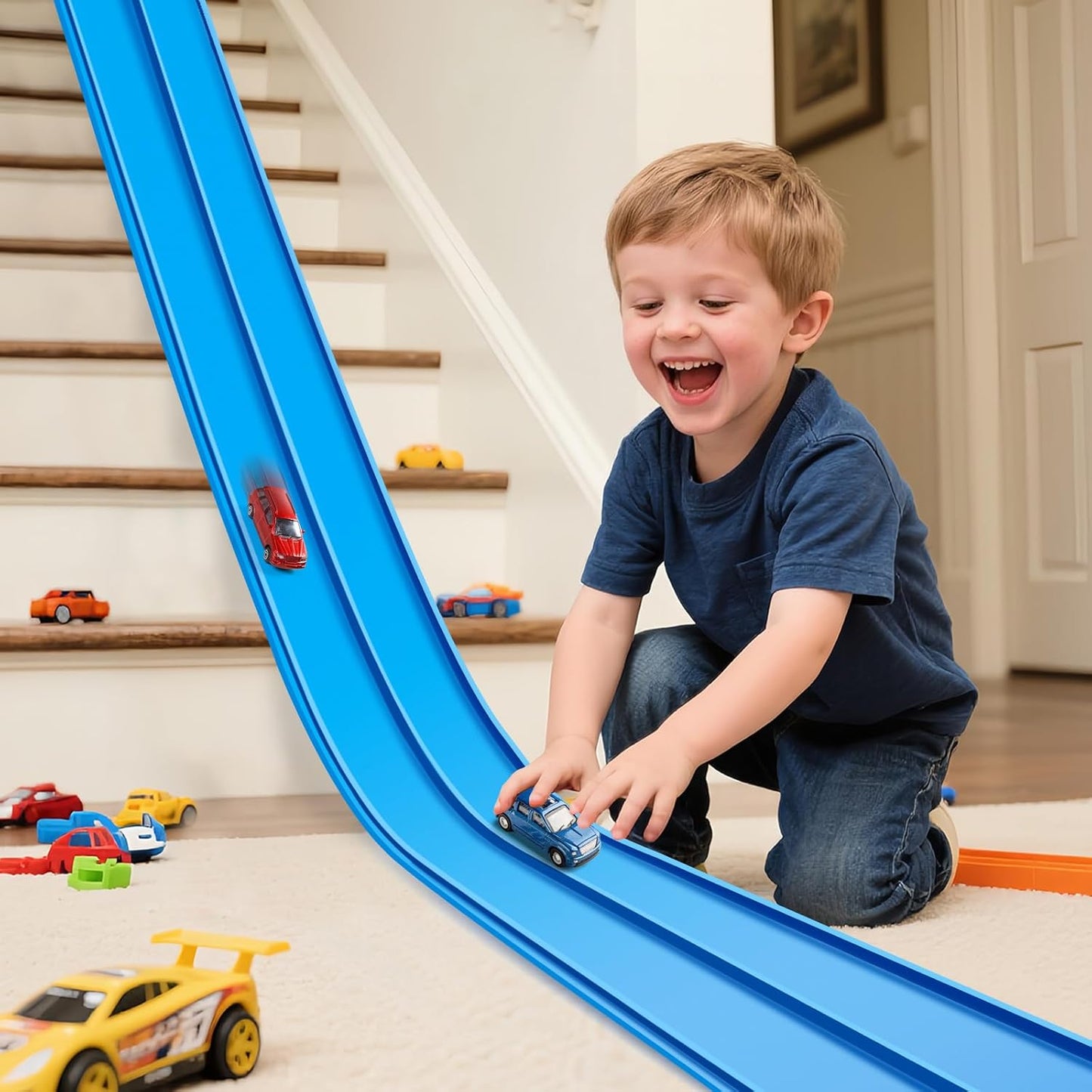 Hot Flex Tracks 15 Ft Starter Set Flexible Race Track for Kids 3+, Flexible Car Track Race Car Ramp Track Compatible with Diecast 1/64th Cars, Portable Rolls Up Race Tracks with Strong Suction Cups