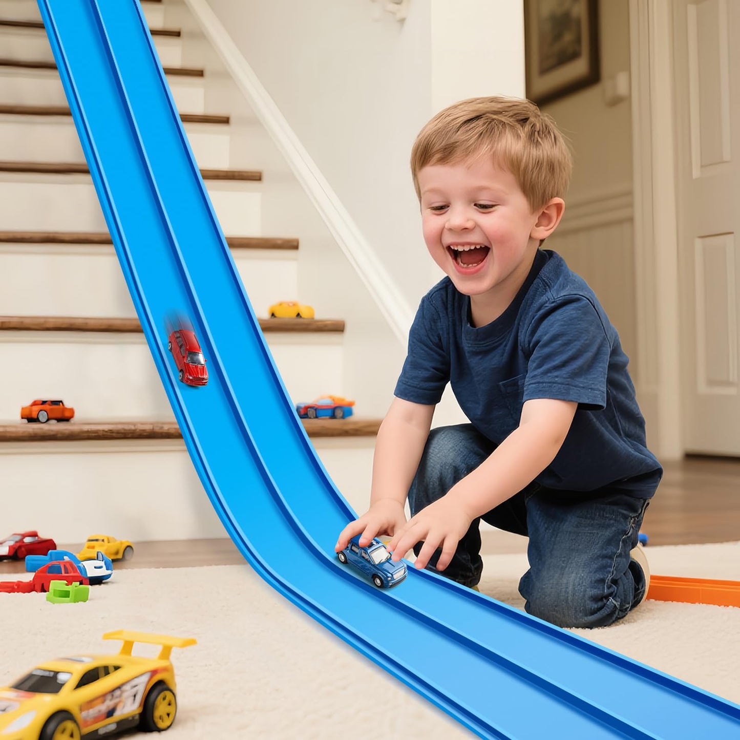 Hot Flex Tracks 15 Ft Starter Set Flexible Race Track for Kids 3+, Flexible Car Track Race Car Ramp Track Compatible with Diecast 1/64th Cars, Portable Rolls Up Race Tracks with Strong Suction Cups
