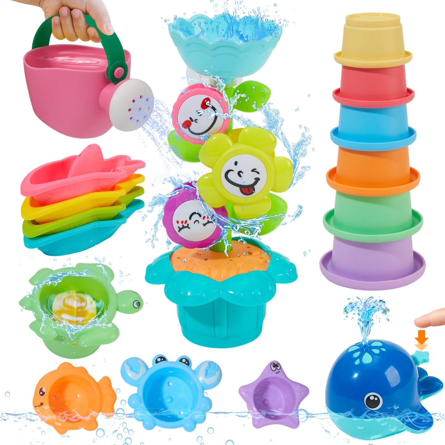 HotMold Free Bath Toys, 11PCS | Safe Easy Clean & Fun Floating Boats & Spoon & Watering Can and Whale Bath Toy for Babies 12+ Months | Colorful Bathtub Pool Water Table Sand Toys for Babies and Toddlers