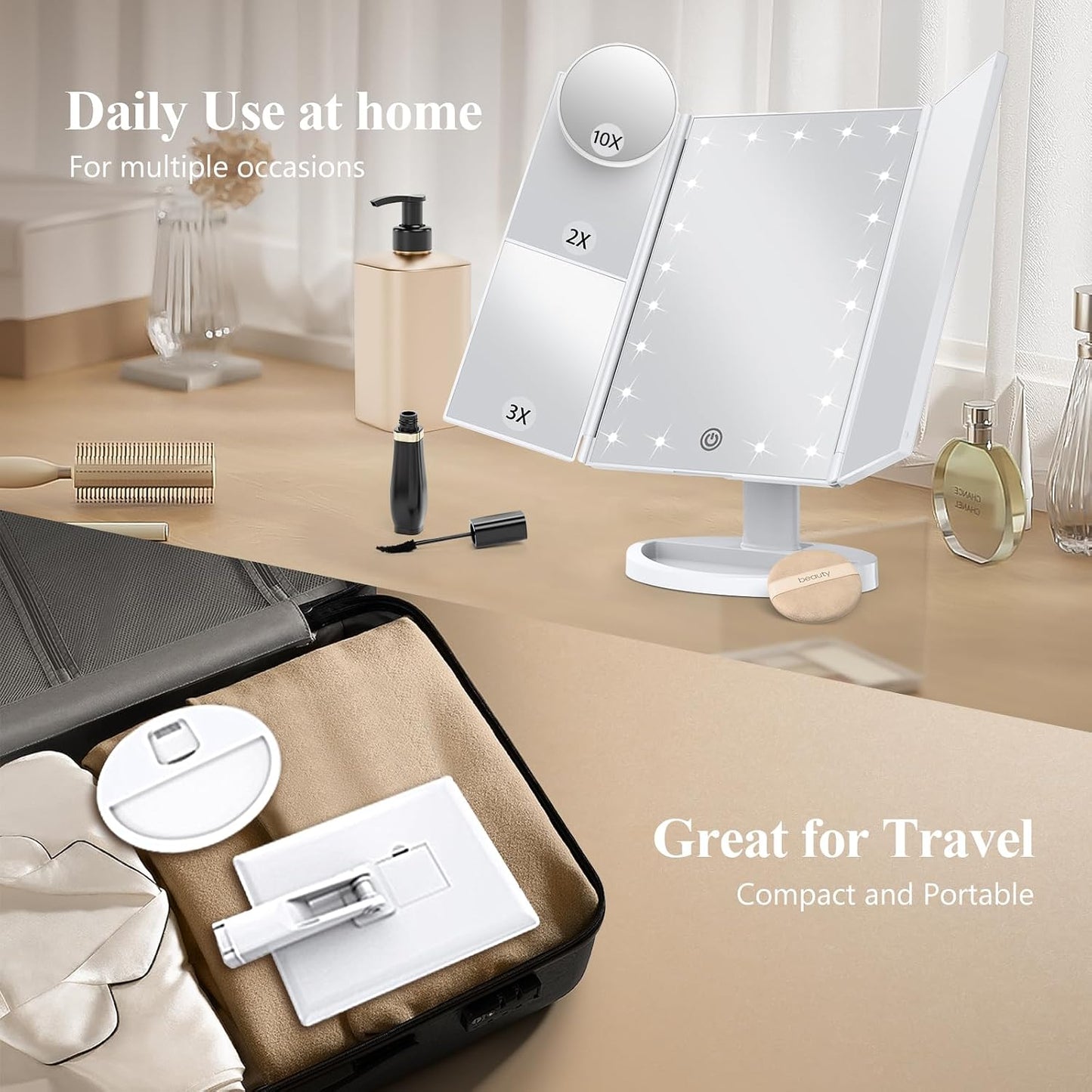 HotHUONUL Makeup Mirror, Vanity Mirror with Lights, 2X/3X/10X Magnification, Touch Control, Trifold, Dual Power Supply, Birthday Gifts for Women, Wife, Mom, Girls,Dorm Room Essentials