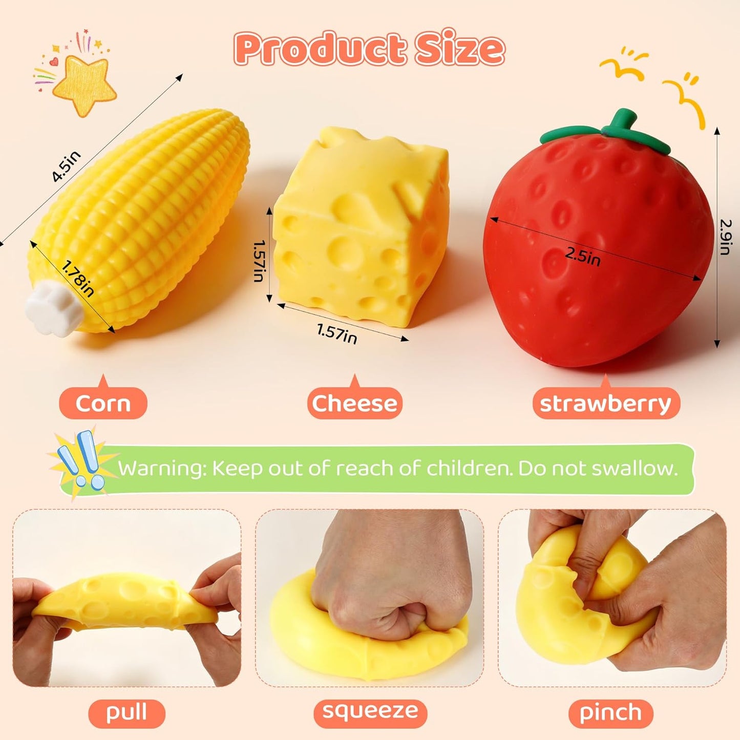 Hot 3pcs Fruit Squishy- Cheese Squishy,Strawberry Corn Squishy,Squeeze Toys,Fruit squishies for Stress Relief,Gift for Boys Girls Adults