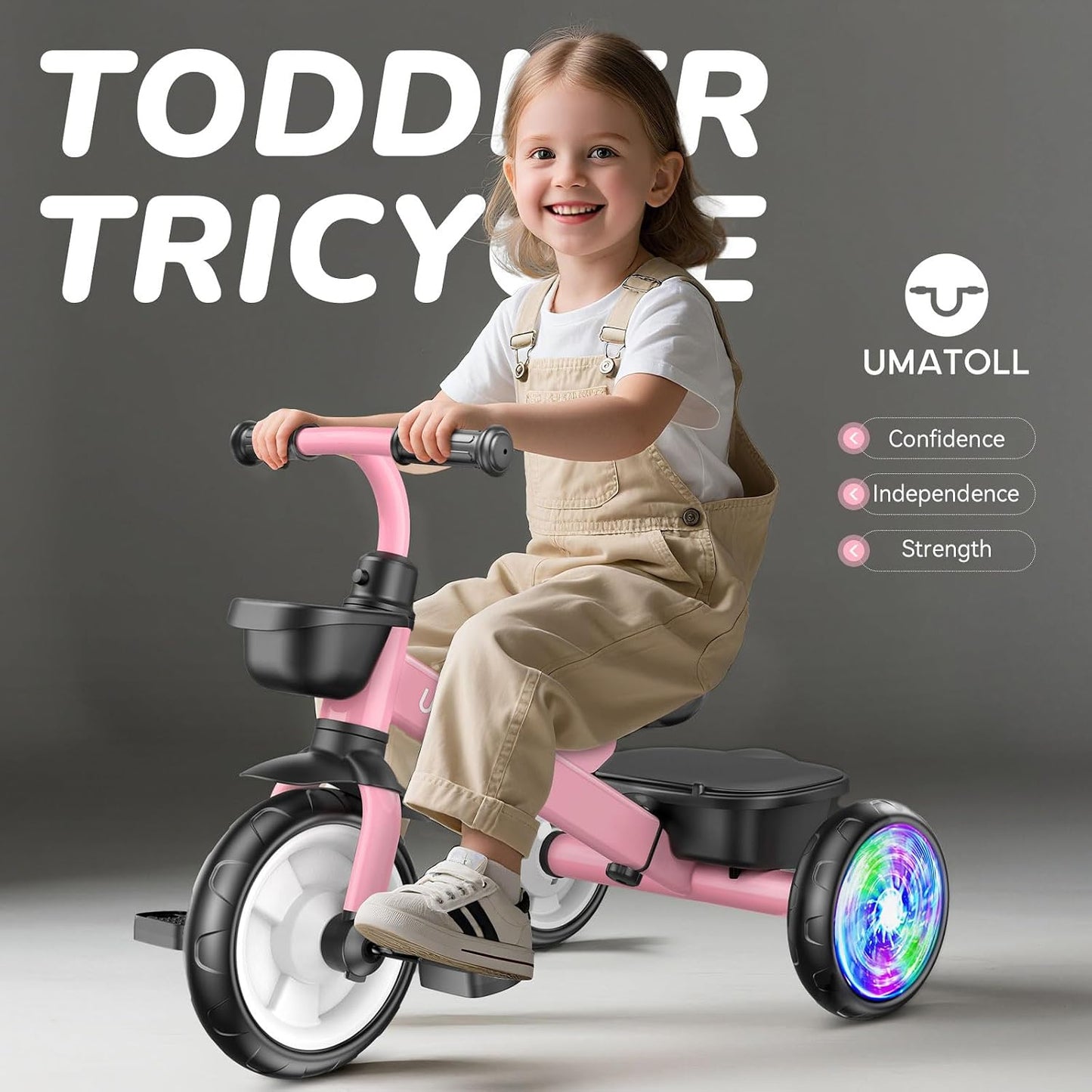 Hot Umatoll Tricycle for Toddlers 2-5 Year Old, Ajustable Toddler Bike Outdoor Toys, Birthday Gift for Girl Age 2-4, Trike with Light up Wheels