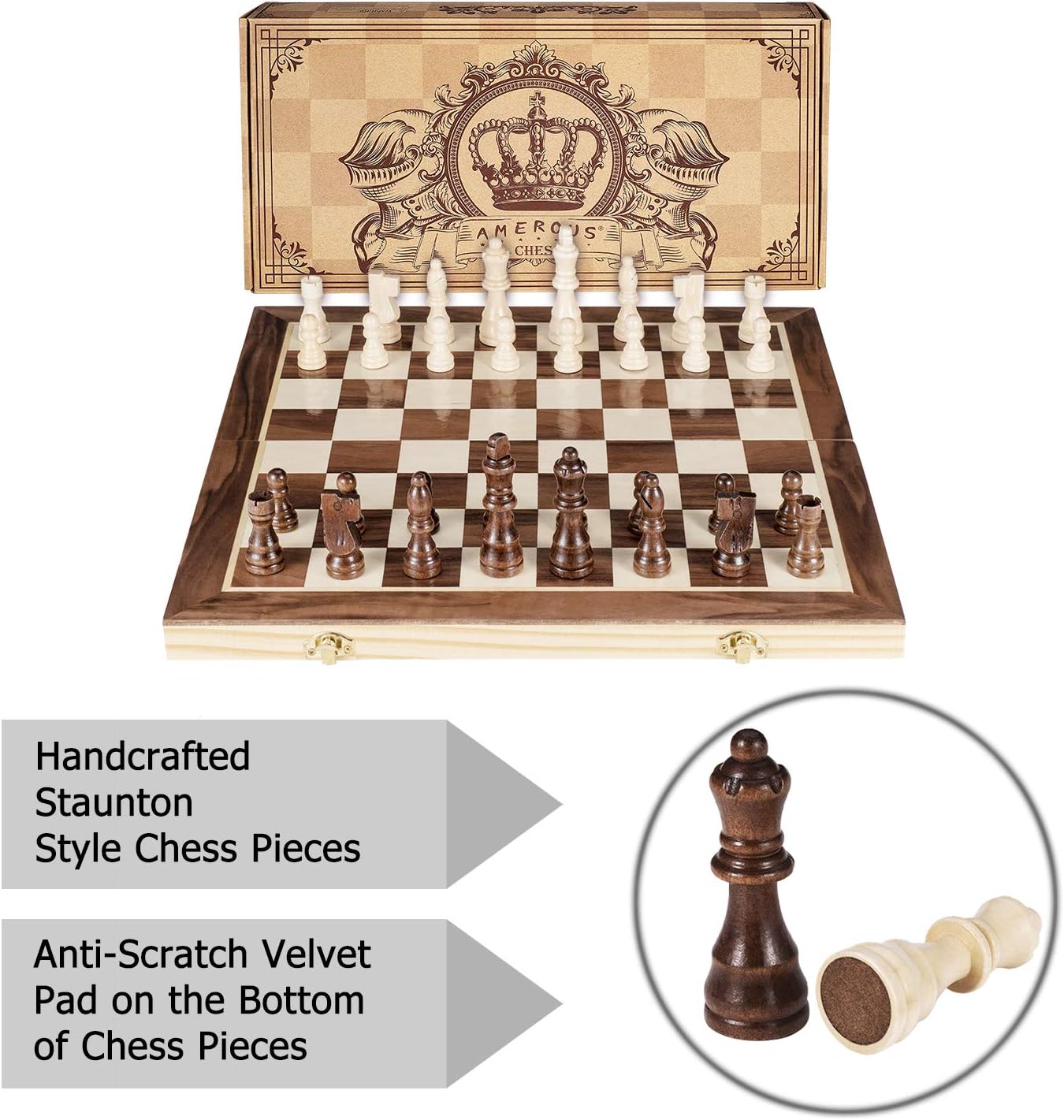 Hot AMEROUS 15 Inches Magnetic Wooden Chess Set - 2 Extra Queens - Folding Board - Pieces Storage Slots, Handmade Portable Travel Chess Game - Beginner Chess Set for Kids, 6 up Age