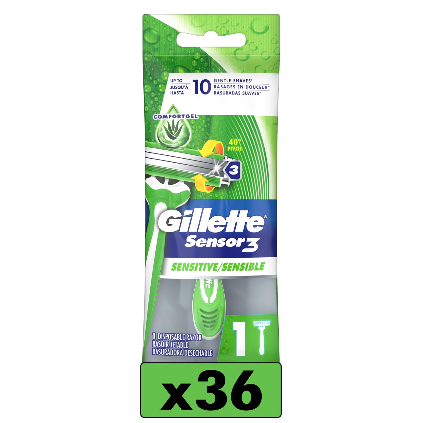 HotGillette Sensor3 Sensitive Men's Disposable Shaving Razors, 12 Count