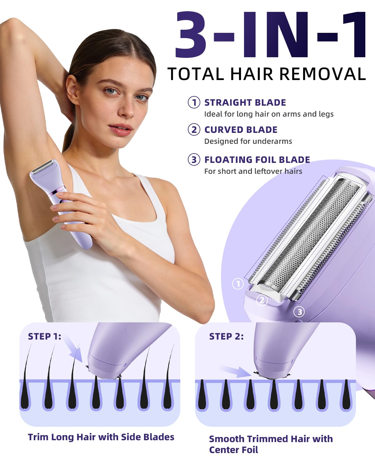 HotUfree Bikini Trimmer Electric Razors for Women, Ceramic Blade Body Hair Trimmer, IPX7 Waterproof Rechargeable Lady Shaver, Personal Groomer for Legs & Pubic Hair, Gifts for Women, Purple
