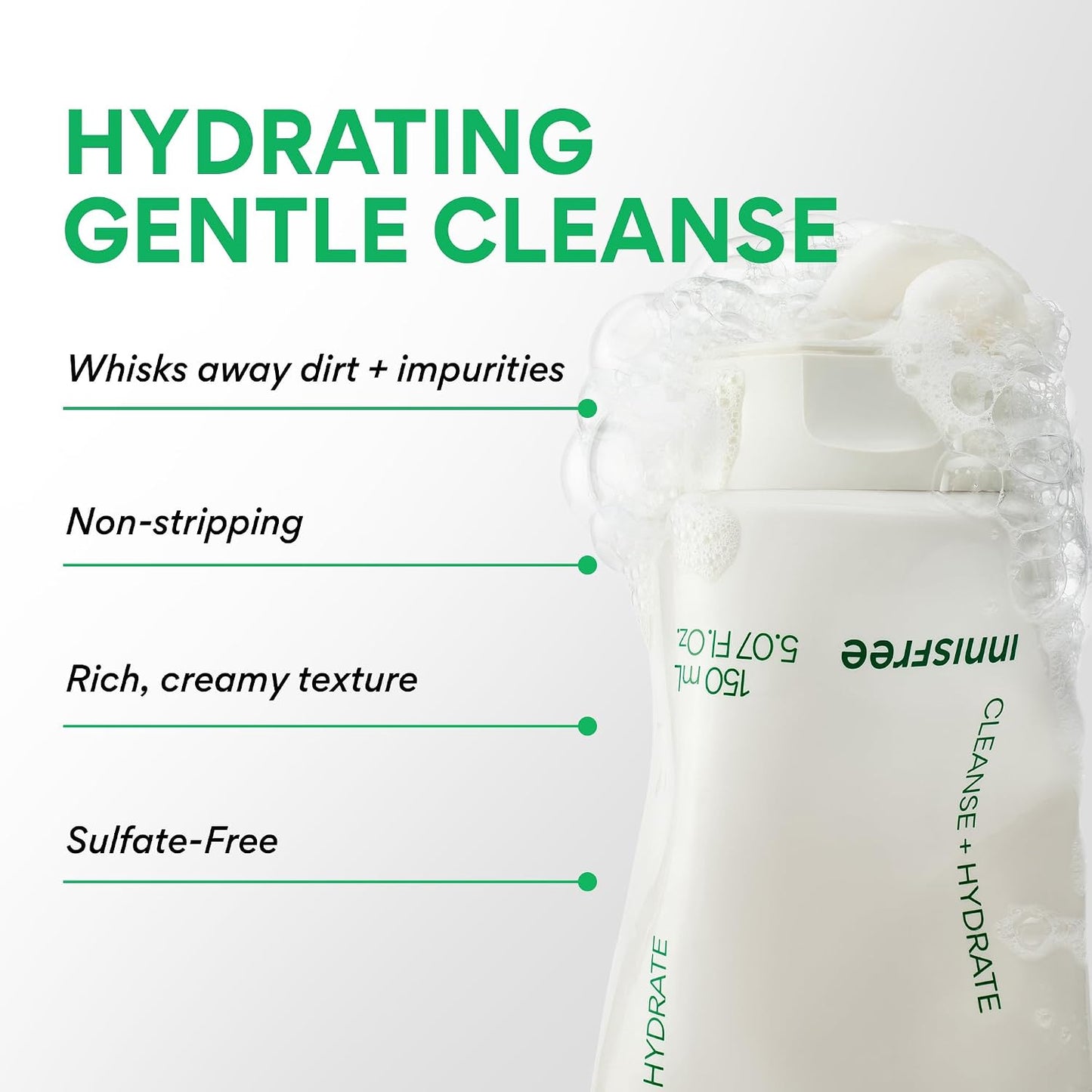 Hotinnisfree Green Tea Amino Acid Cleansing Foam, Sulfate-Free Hydrating Korean Face Wash, Gentle Lather, pH-Balanced Skincare