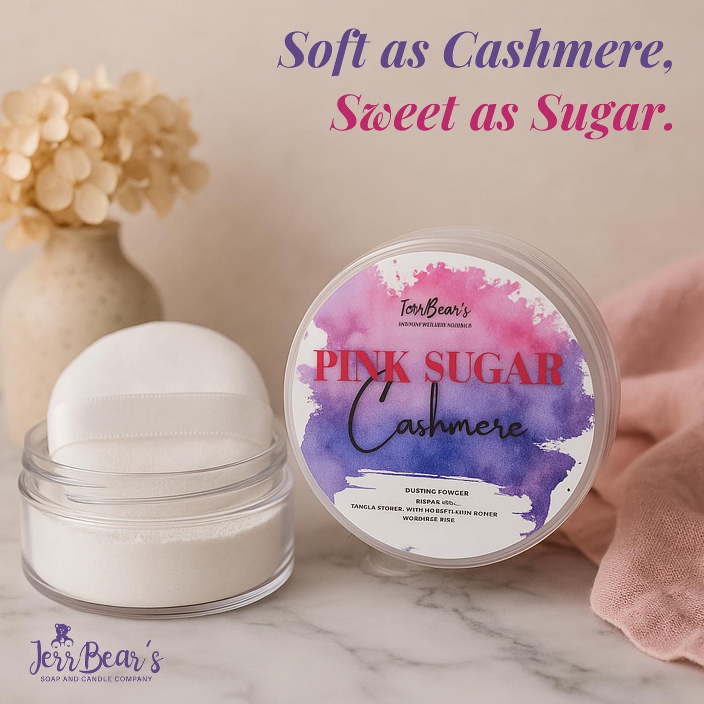 Hot Pink Sugar Cashmere Dusting Powder for Women, 4oz Jar | Talc Free Body Formula, Soft Scented Skin Care, Gentle Powder for Daily Freshness, Includes Puff Application