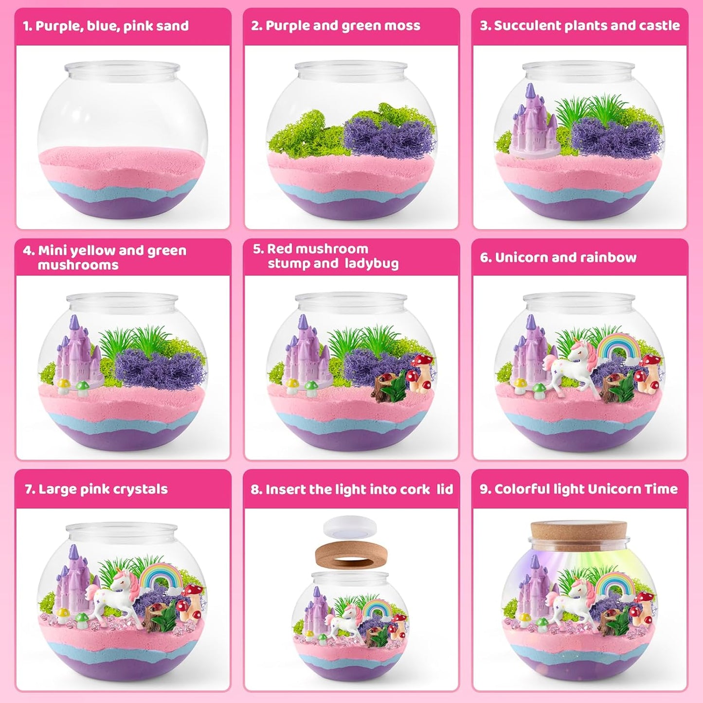 HotJOYEEMAX Unicorn Light-Up Terrarium Kit for Kids - LED Night Light Birthday Gift for Girls Ages 4 5 6 7 8-12 Year Old - Unicorn Toys for Girls - DIY Arts and Crafts Kit for Kids