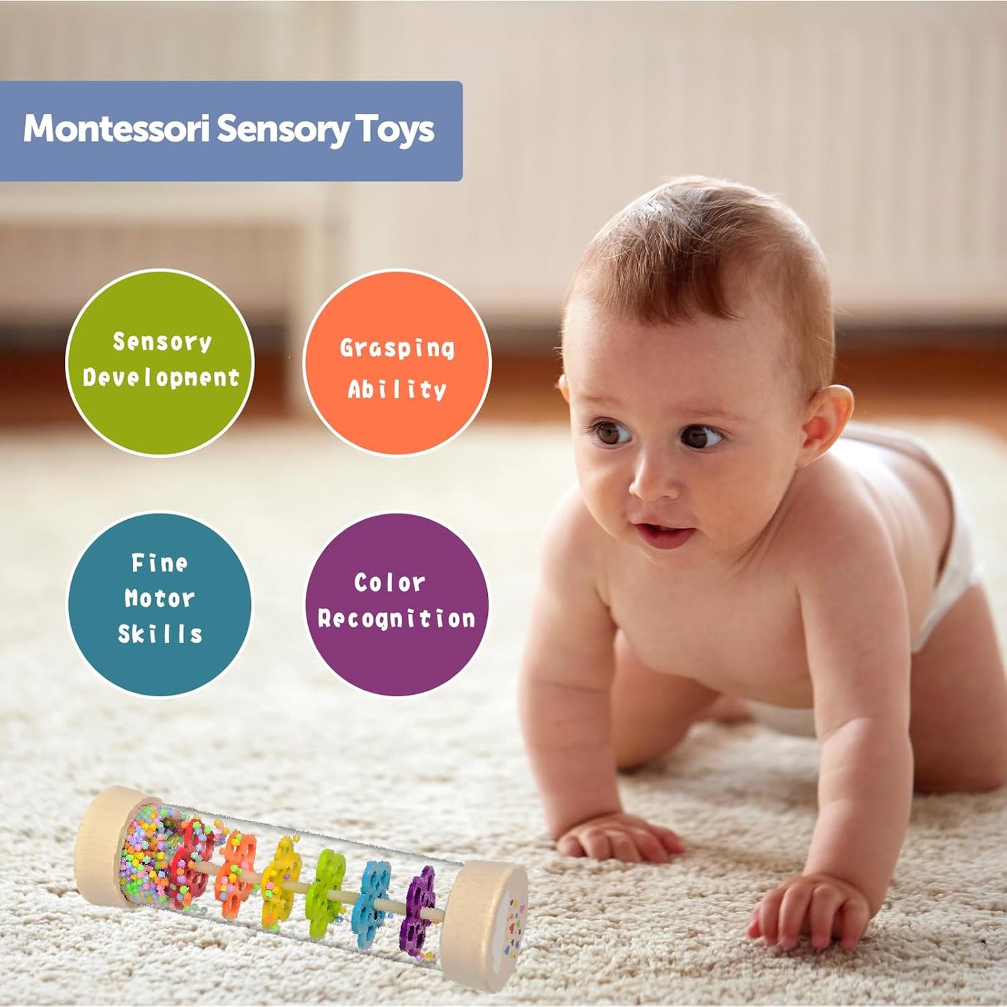 Hot Rain Stick Montessori Baby Toys for 6-12 Months 1 Year Old, Wooden Rainmaker Infant Musical Sensory Toy, Baby Shower Gift for Newborn Toddler Boys Girls, 7.7"