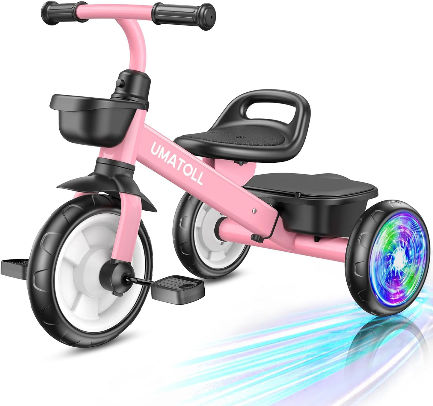 Hot Umatoll Tricycle for Toddlers 2-5 Year Old, Ajustable Toddler Bike Outdoor Toys, Birthday Gift for Girl Age 2-4, Trike with Light up Wheels