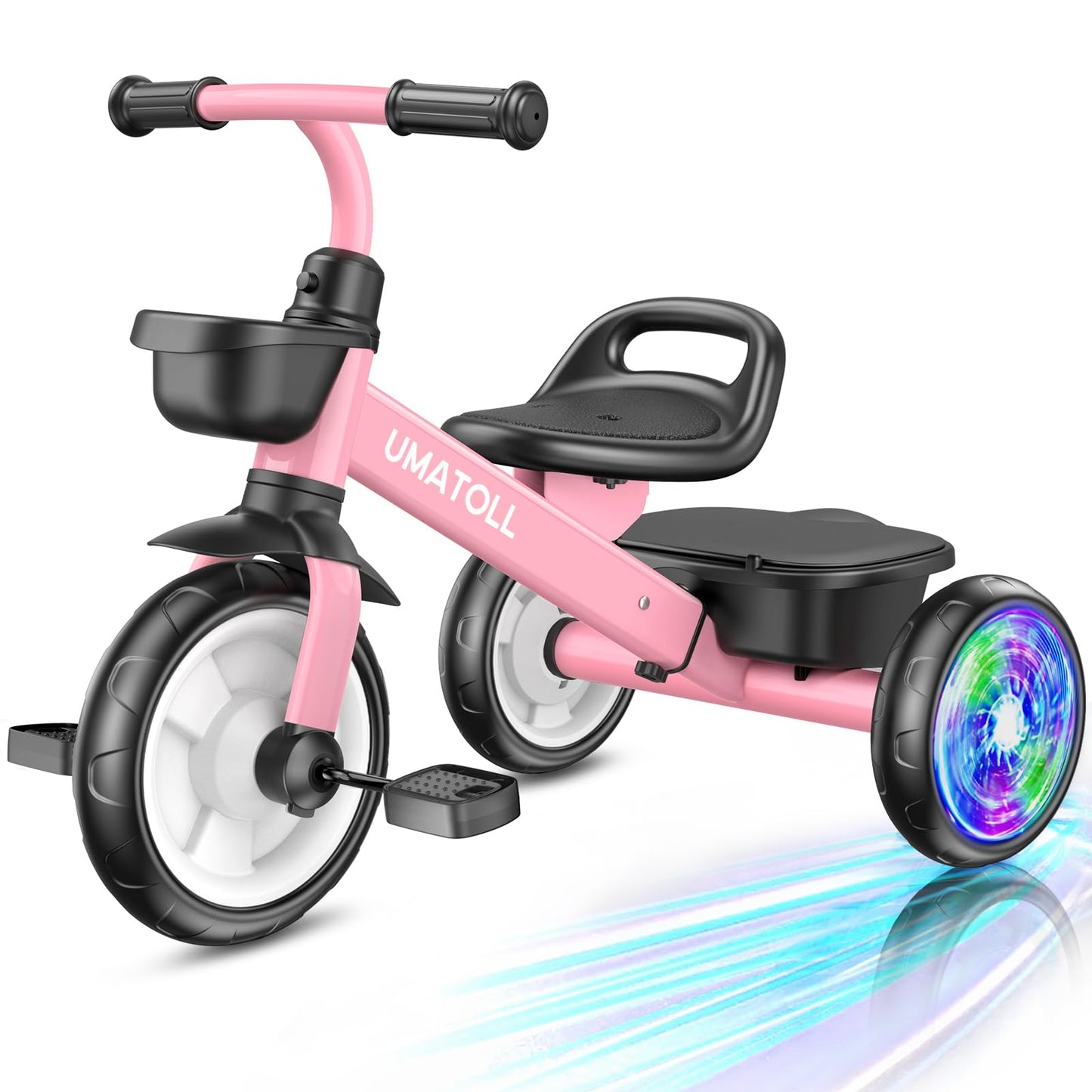 Hot Umatoll Tricycle for Toddlers 2-5 Year Old, Ajustable Toddler Bike Outdoor Toys, Birthday Gift for Girl Age 2-4, Trike with Light up Wheels