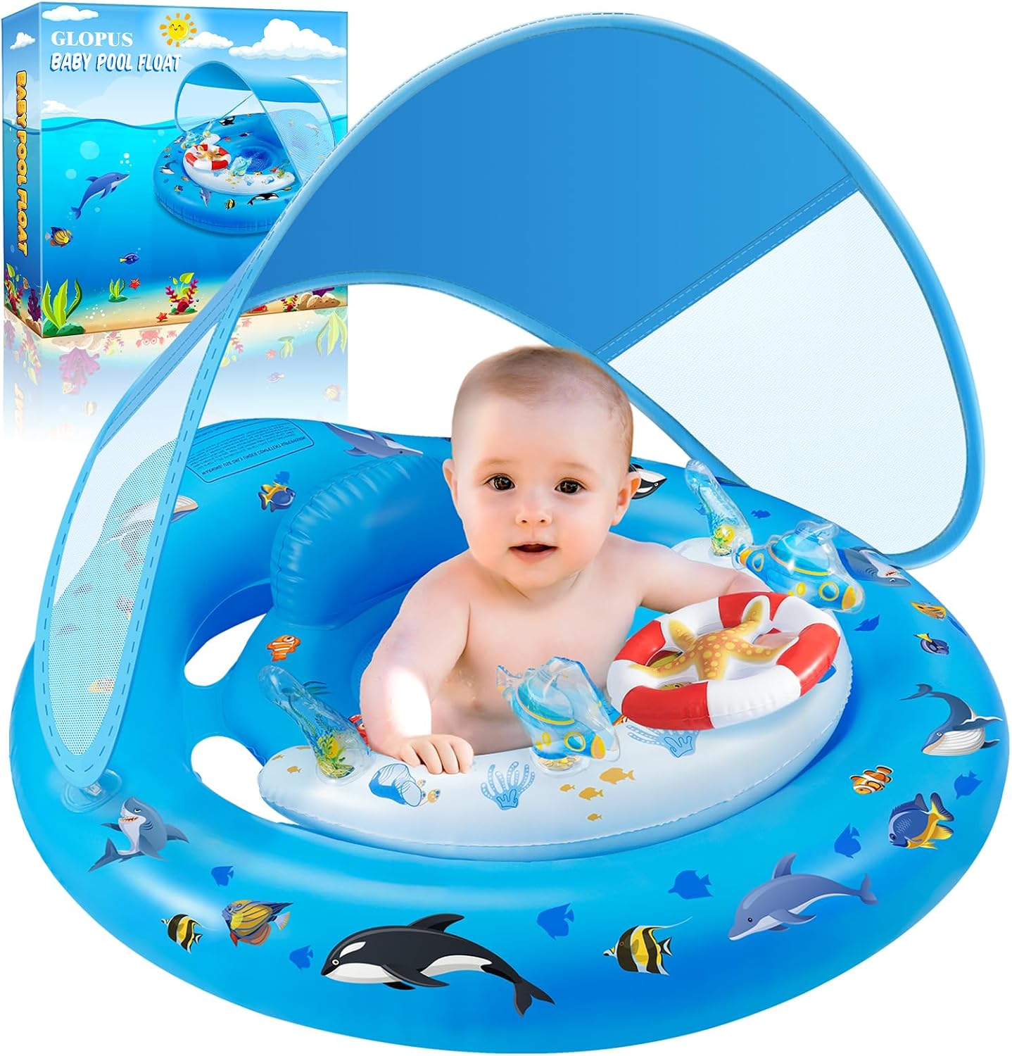 HotBaby Pool Float with Canopy UPF50+ Sun Protection, Inflatable Kids Pool Floats with Toy Play Console for Baby 6-36 Months, Infant Swimming Float with Adjustable Safety Seat for Boys Girls
