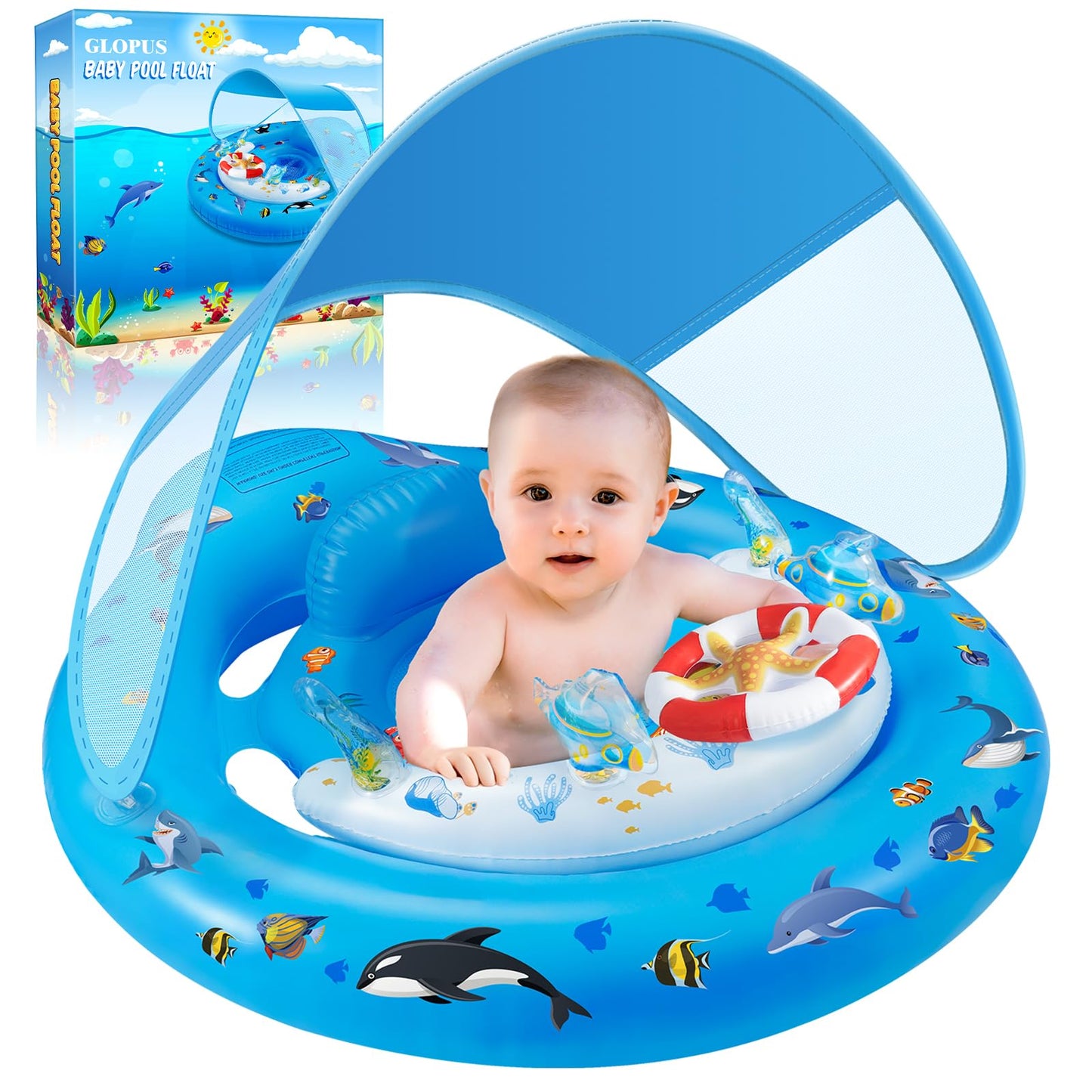 HotBaby Pool Float with Canopy UPF50+ Sun Protection, Inflatable Kids Pool Floats with Toy Play Console for Baby 6-36 Months, Infant Swimming Float with Adjustable Safety Seat for Boys Girls