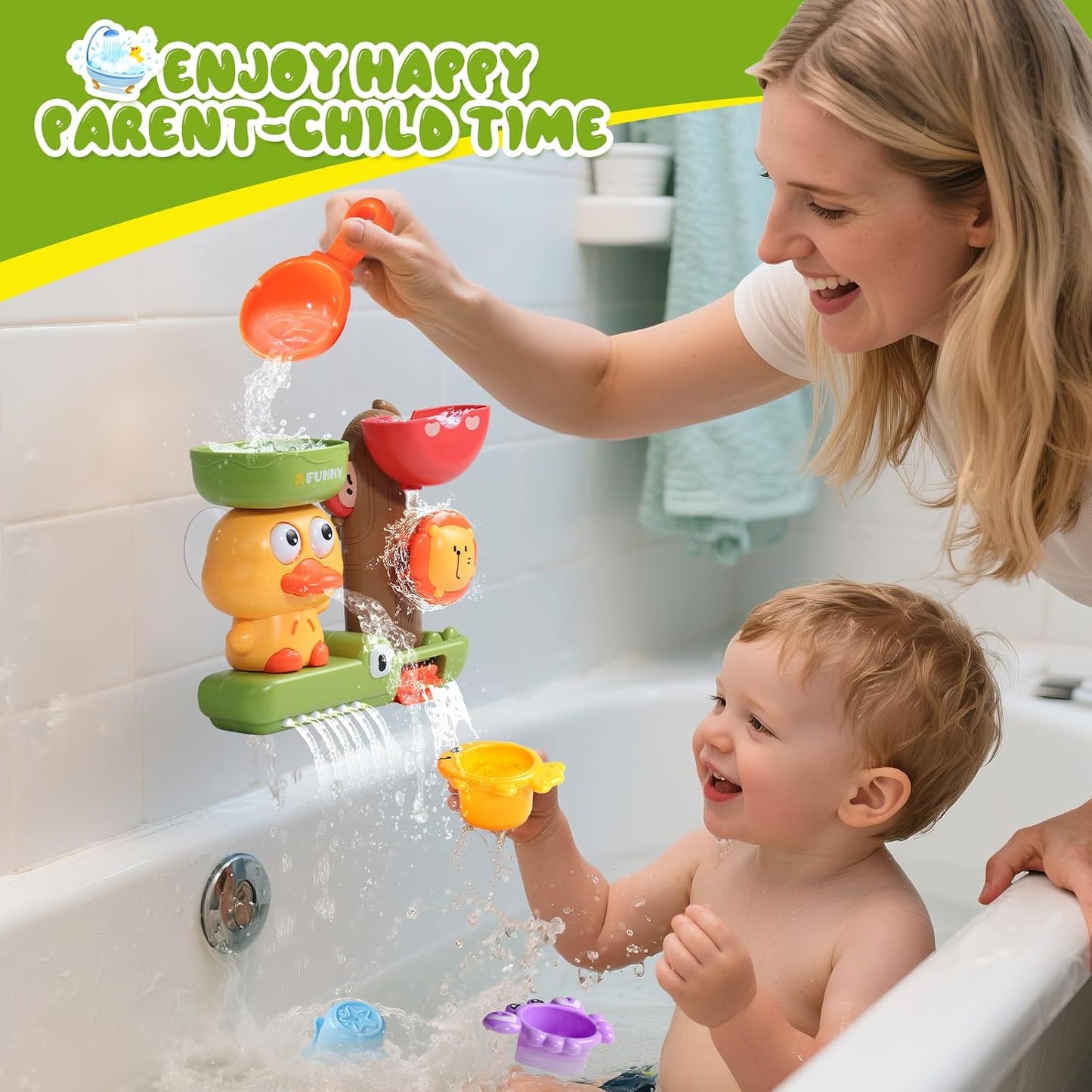 Hot Toddler Bath Toys for Kids Ages 1-3 Waterfall Bathtub Toys for Toddlers 2-4 | with 3 Stacking Cups No Mold Baby Bath Toys Interactive Duck Water Shower Toys for Boys Girls Gifts with Strong Suction Cups