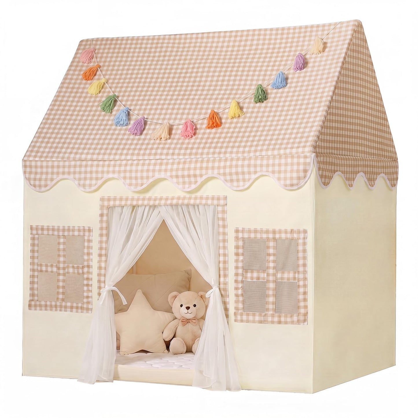 HotKids Play Tent Indoor: with Mat, Tassel Garland - Large Gray Kids Tent Indoor Playhouse for Kids Toys for Boy Girl Birthday Gift